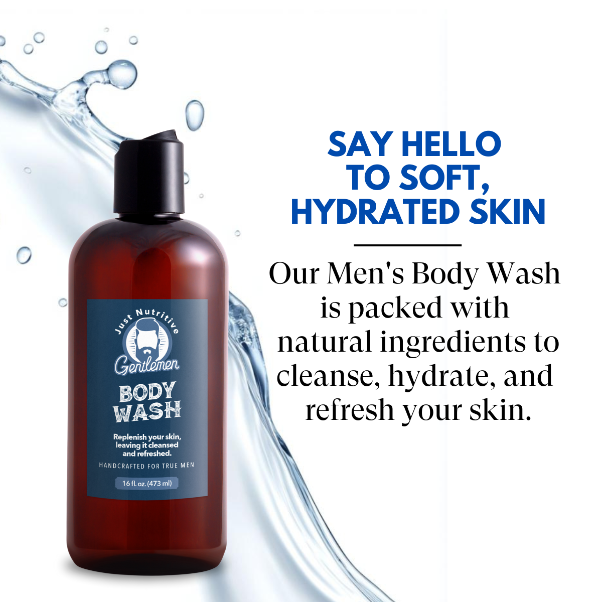 Brown bottle of Gentleman Body Wash with water splash and promotional text on a white background