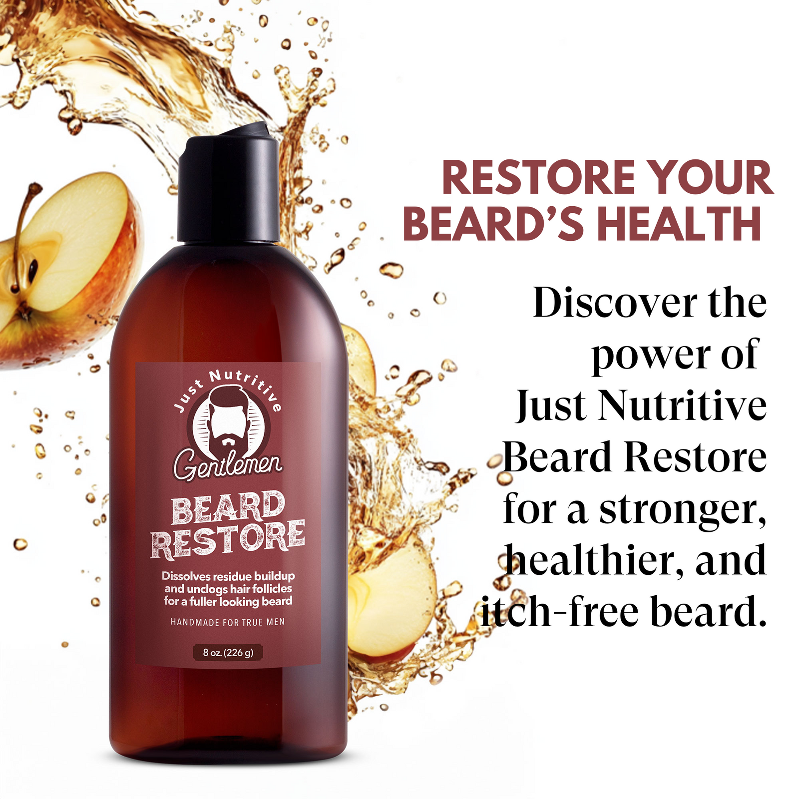 Beard restore product with apple slices and water splash on a white background