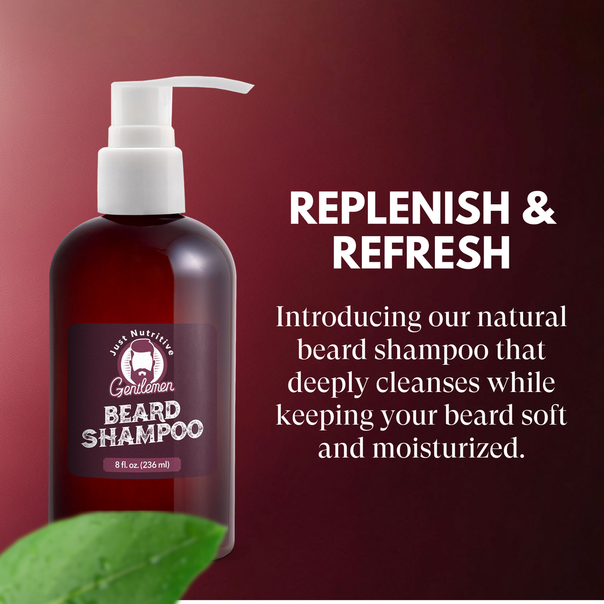 Beard shampoo bottle with pump on a red background, featuring text about product benefits.