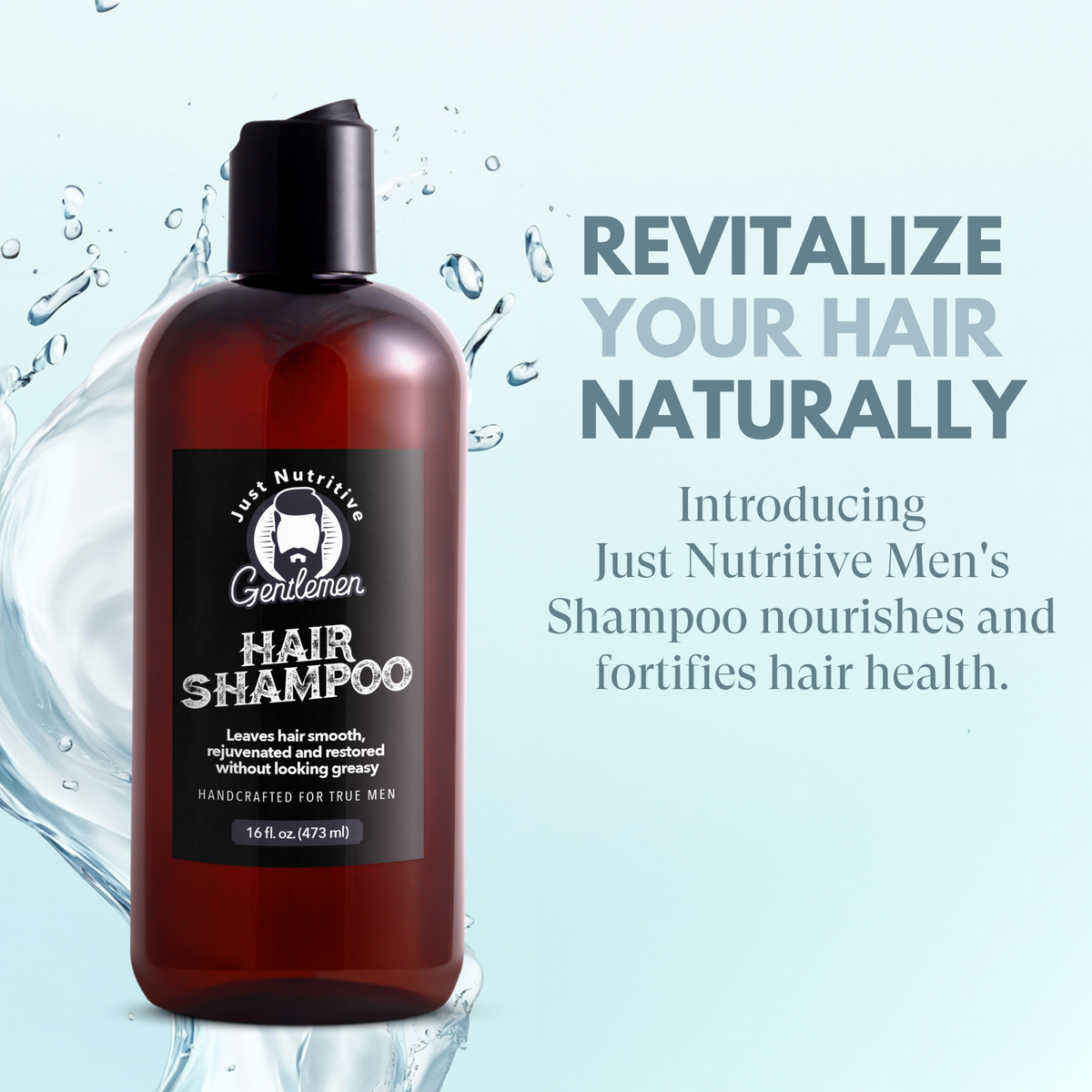 Hair shampoo bottle with text 'Revitalize Your Hair Naturally' on a light blue background