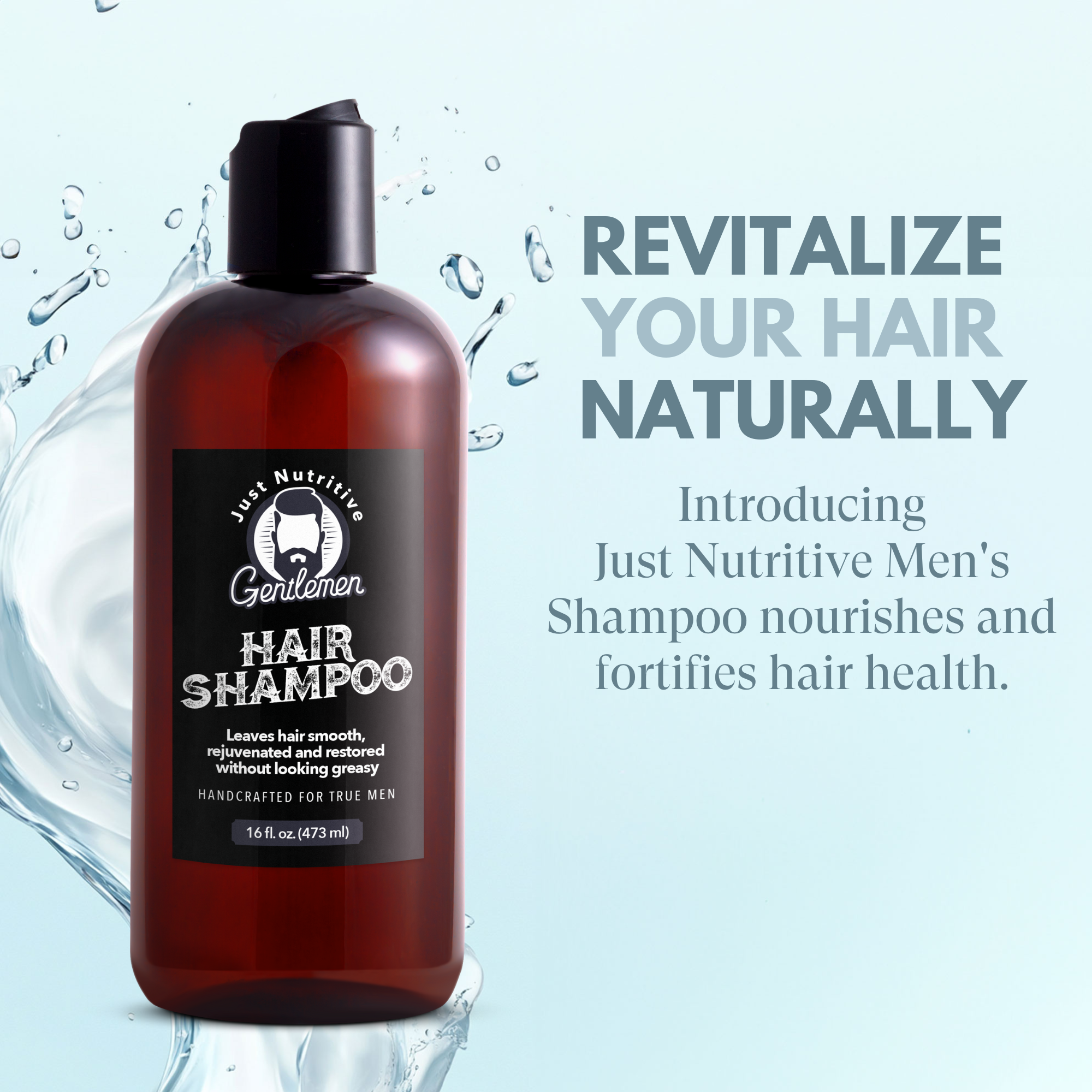 Hair shampoo bottle with text 'Revitalize Your Hair Naturally' on a light blue background