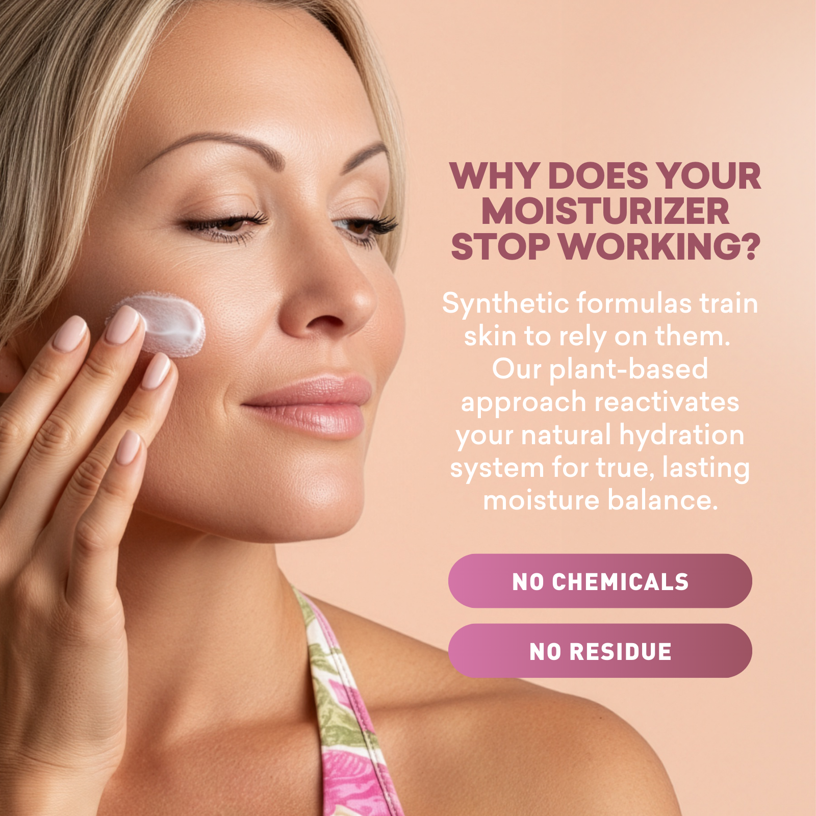 Woman applying cream to her face with text about plant-based moisturizer on a pink background