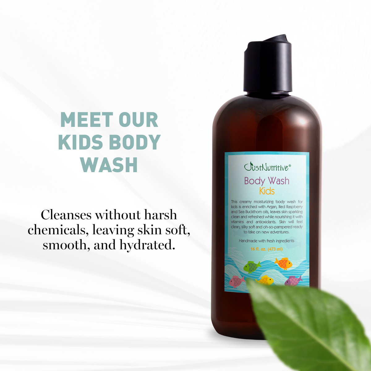 Bottle of kids' body wash with a label on a white background