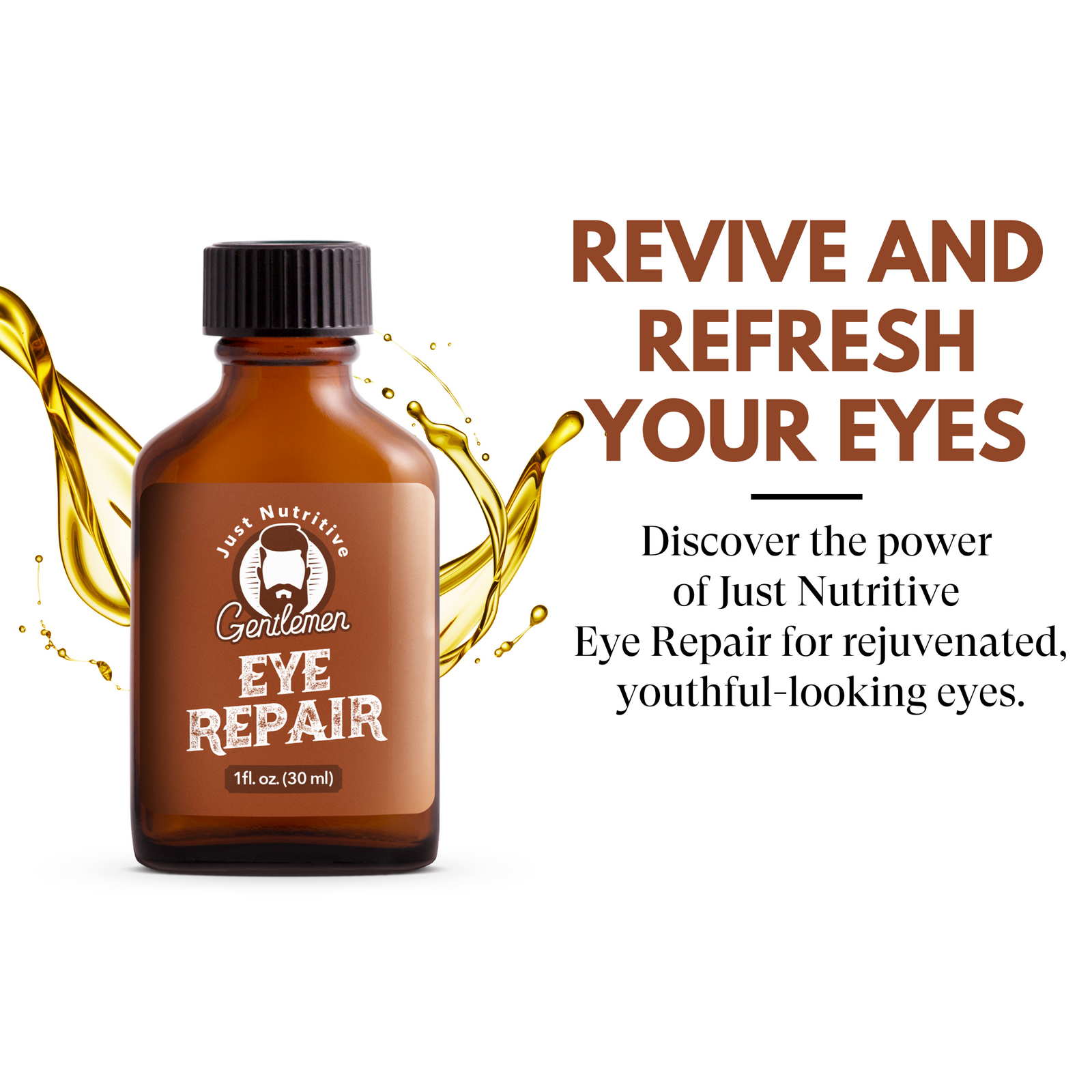 Brown bottle of 'Just Nutritive Eye Repair' with text on a white background