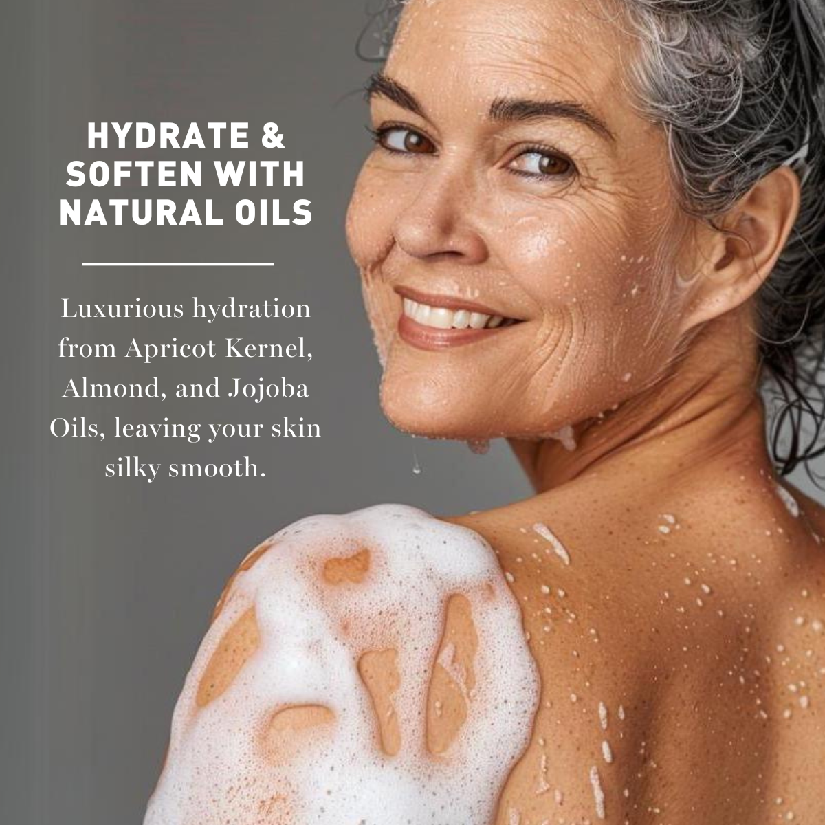 Woman with moisturized skin and text about hydrating with natural oils