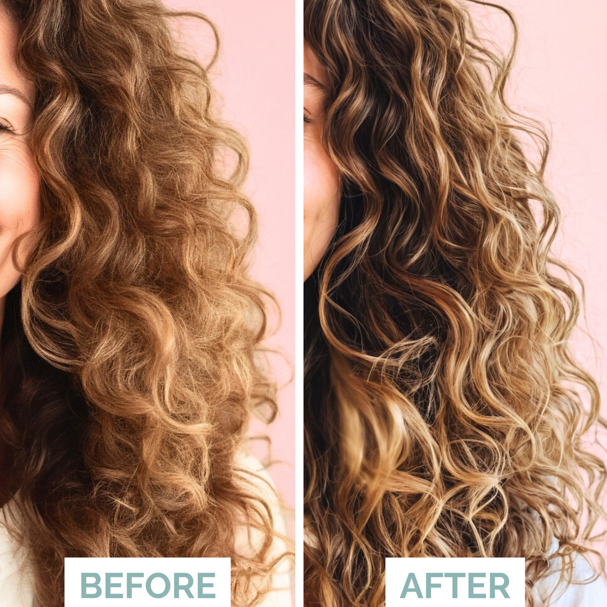 Before and after comparison of wavy hair on a pink background