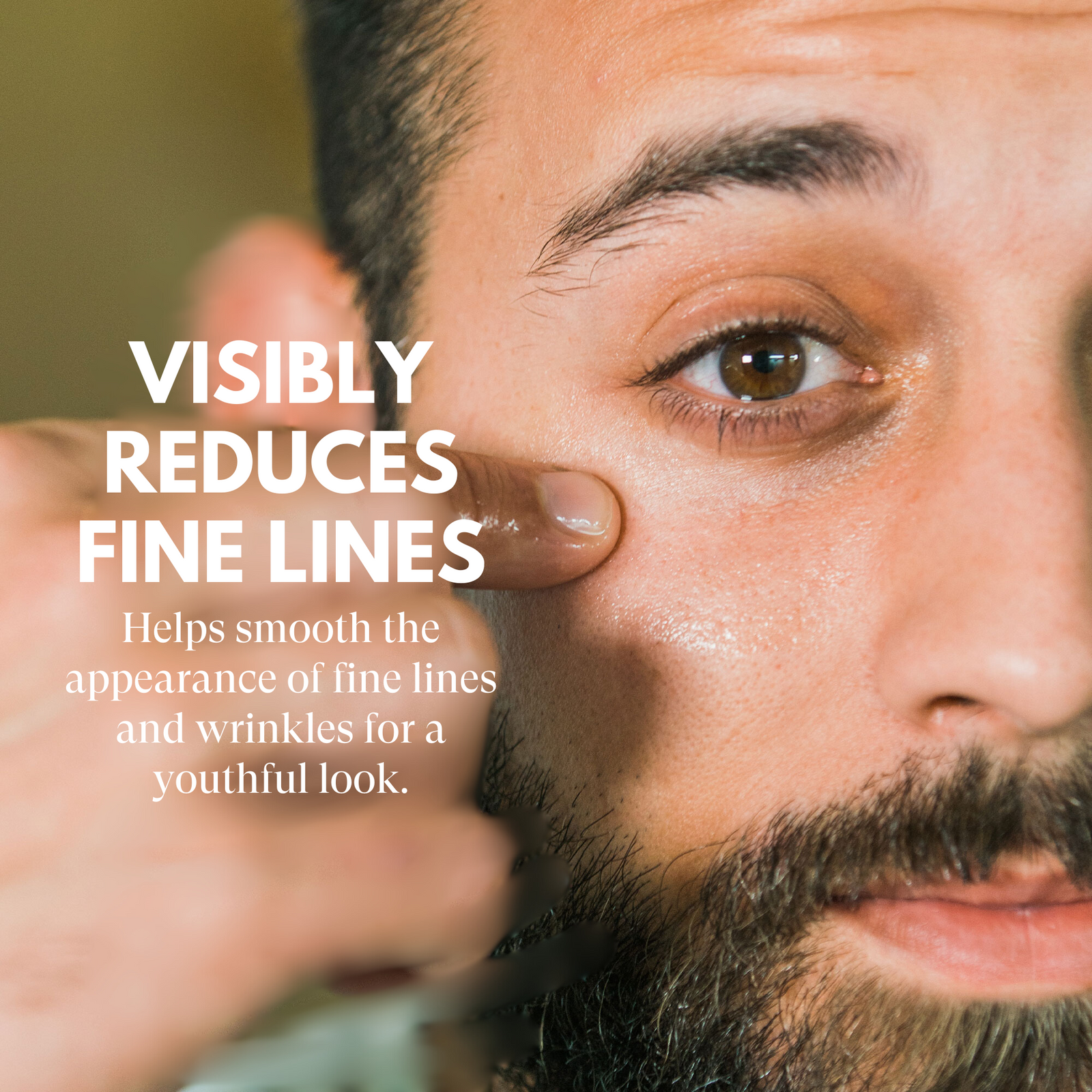 Close-up of a man's face with text about reducing fine lines and wrinkles.