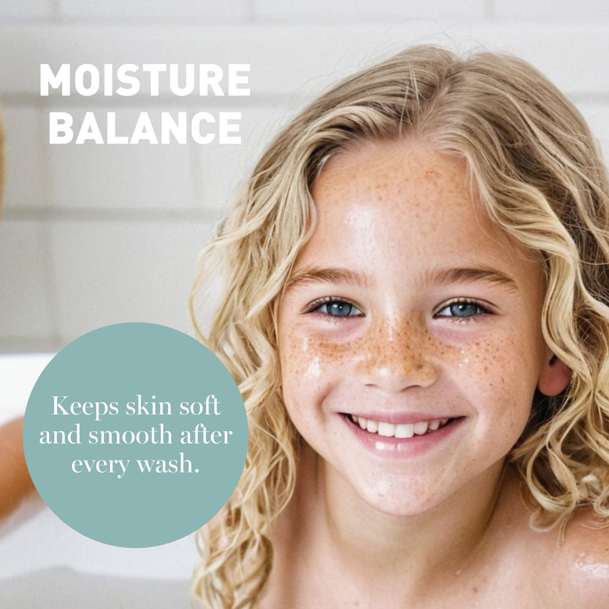 Young girl with moisturized skin, smiling, with text about moisture balance and product benefits.