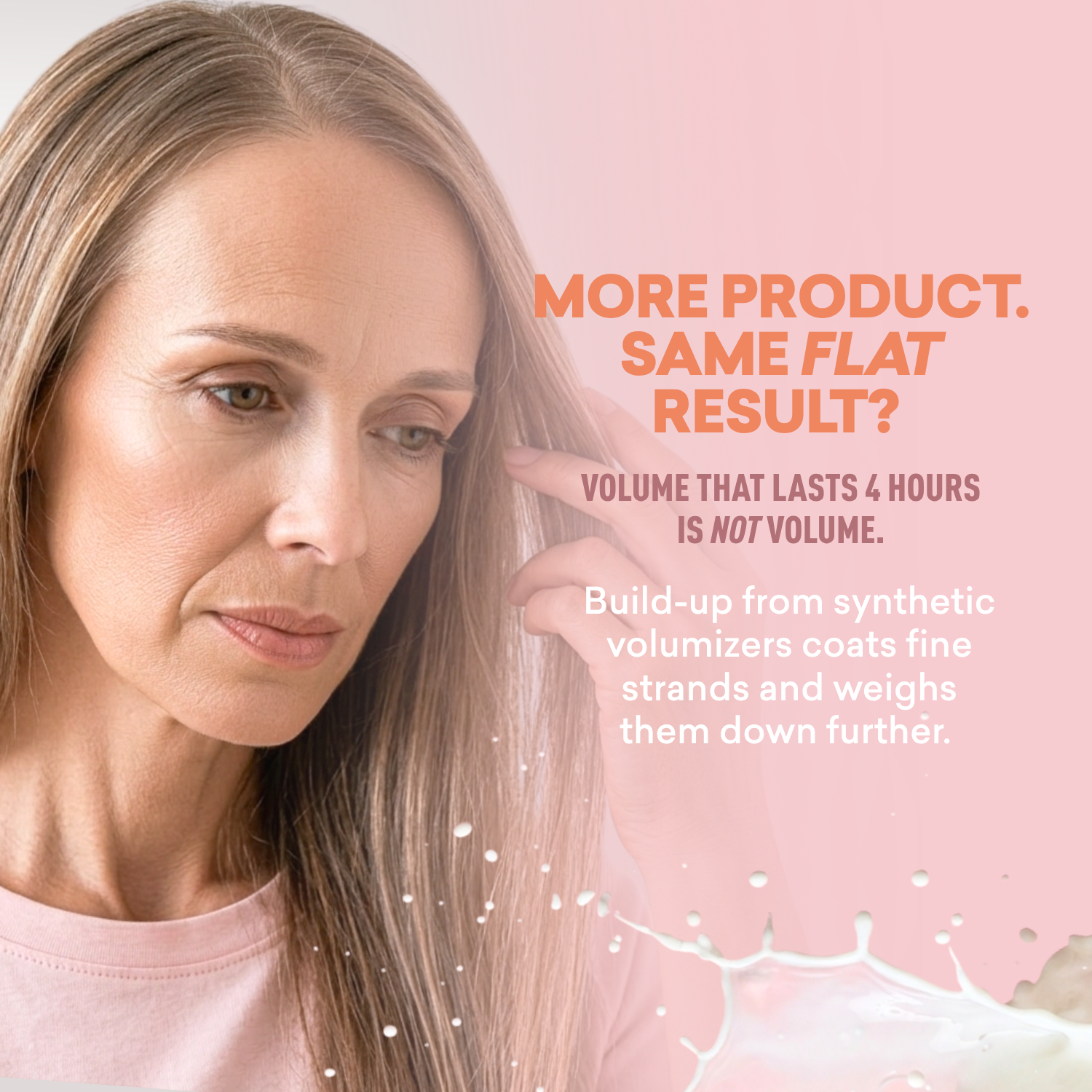 Woman with long hair against a pink background with text about hair product claims.