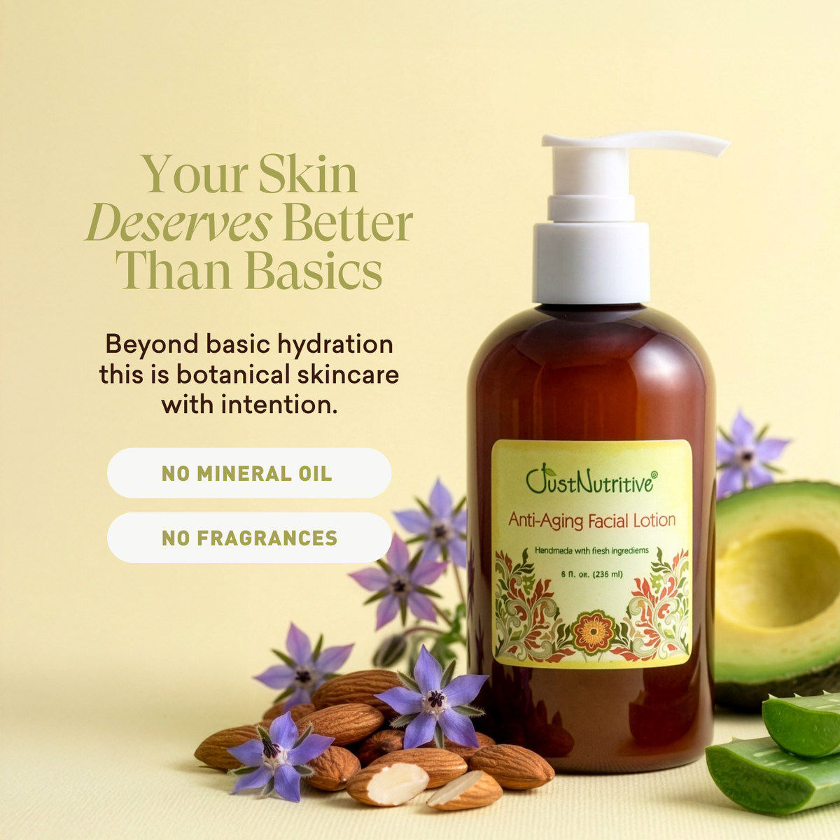 Brown bottle of facial lotion with a label, surrounded by almonds, flowers, and an avocado on a beige background.