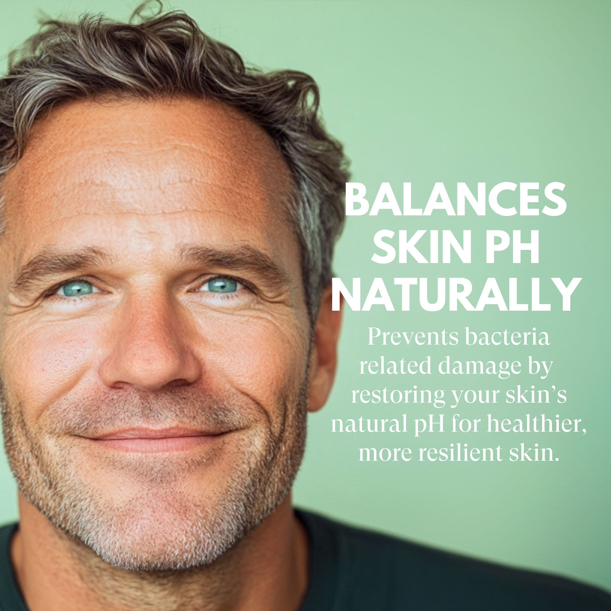 Man with a smile on a green background with text about skin pH balance.