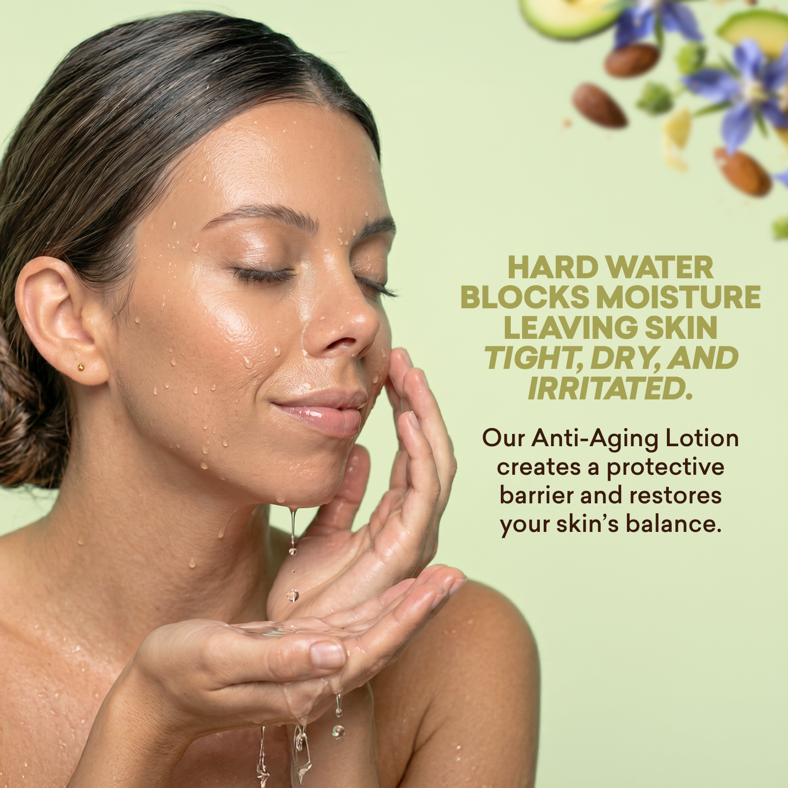 Woman applying lotion with text about hard water's effects on skin and the benefits of anti-aging lotion.