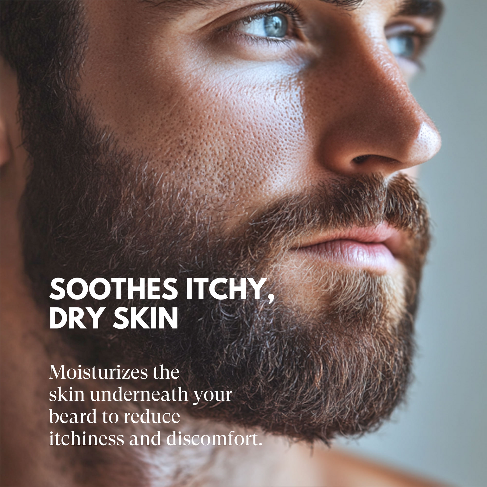 Close-up of a man with a beard and text about skin care benefits.