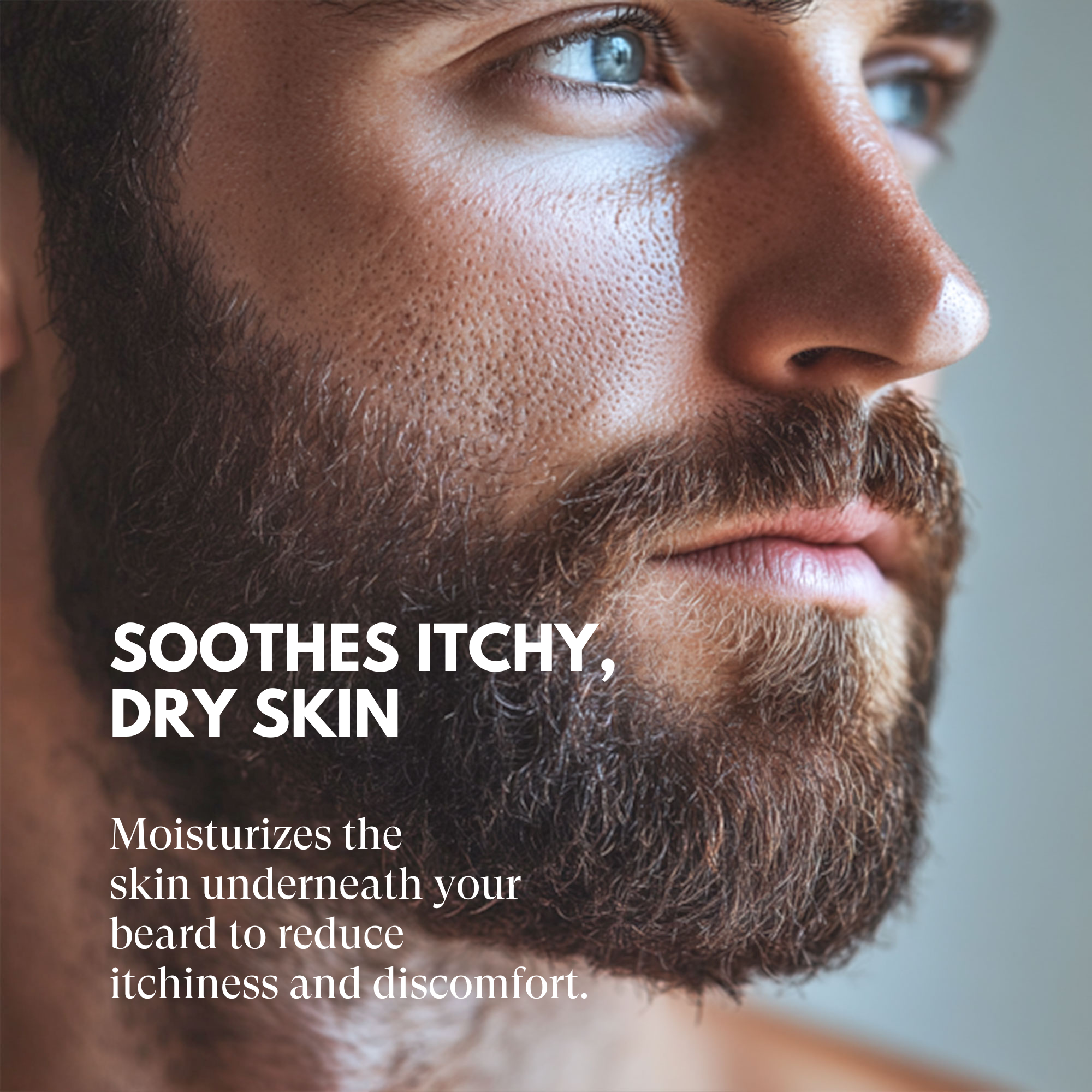 Close-up of a man with a beard and text about skin care benefits.