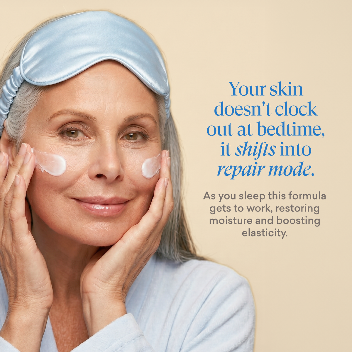 a woman applying justnutritive night cream, text about skin shifting into repair mode at night
