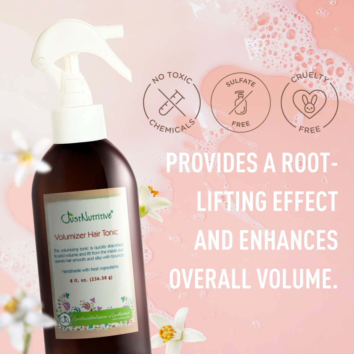 Bottle of Volumizer Hair Tonic with product details on a pink background