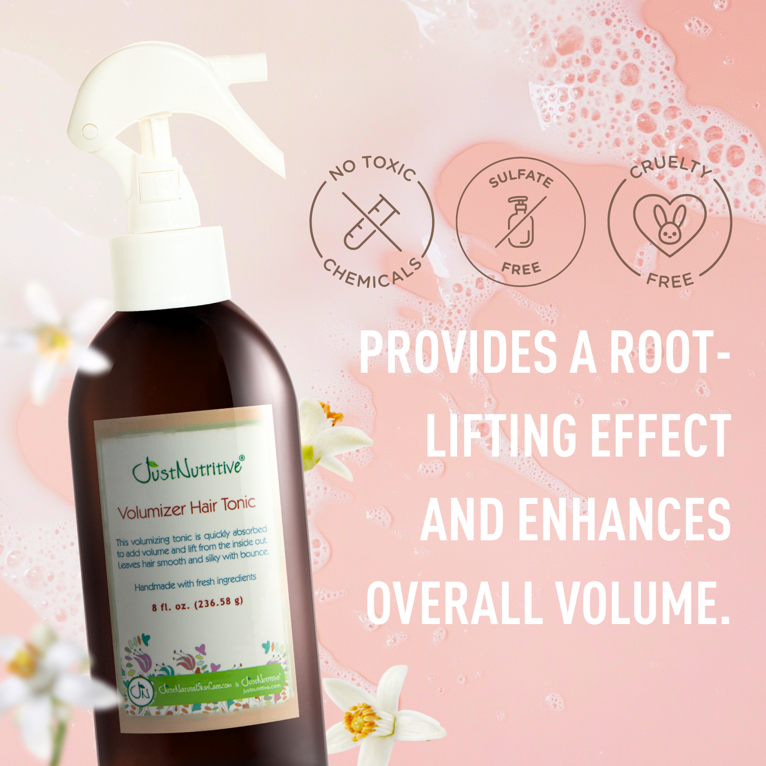 Bottle of Volumizer Hair Tonic with product details on a pink background