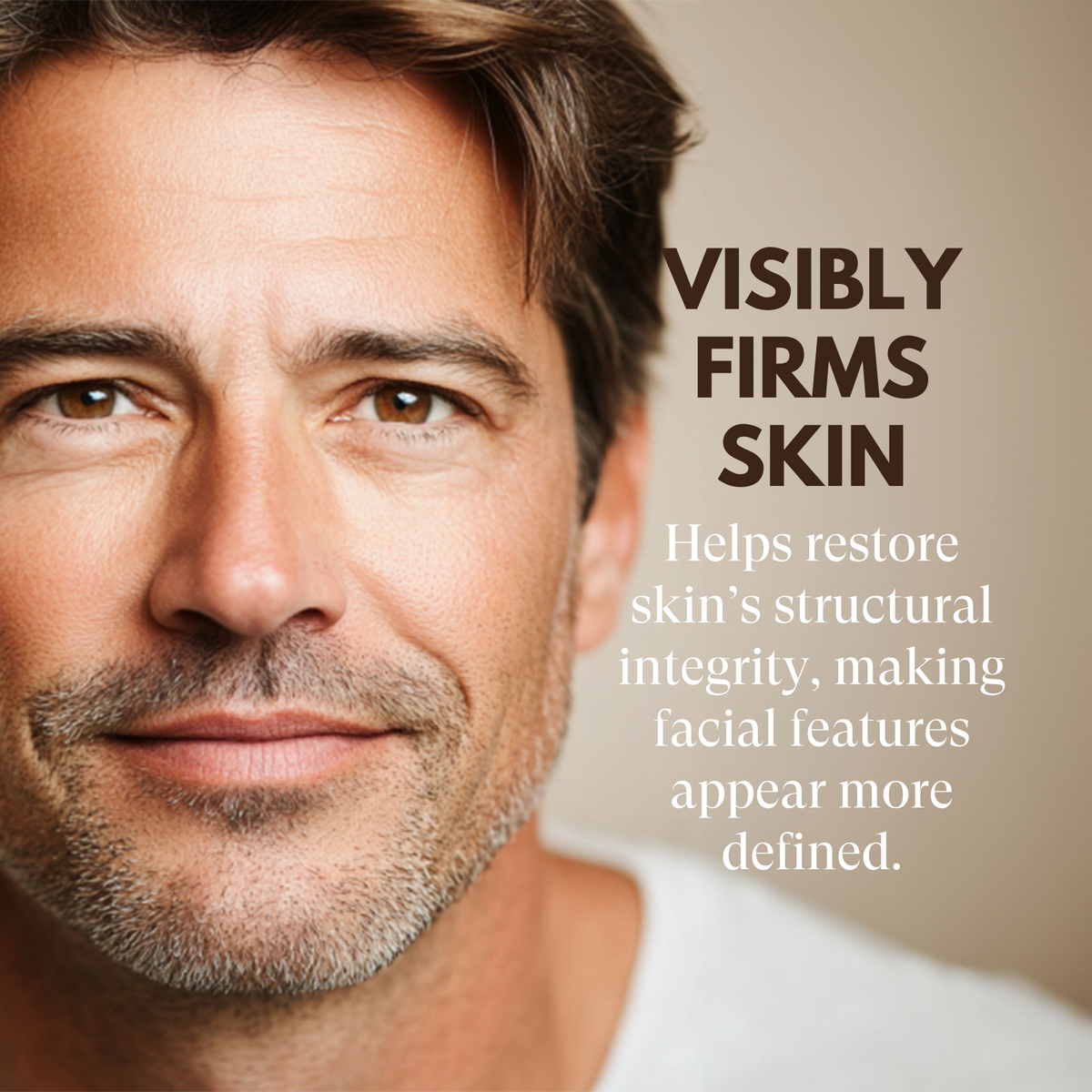 Man with a neutral expression on a beige background with text about skin firming.
