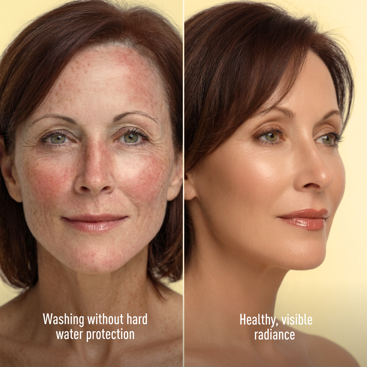 Before and after comparison of a woman's face with text indicating hard water protection and visible radiance.