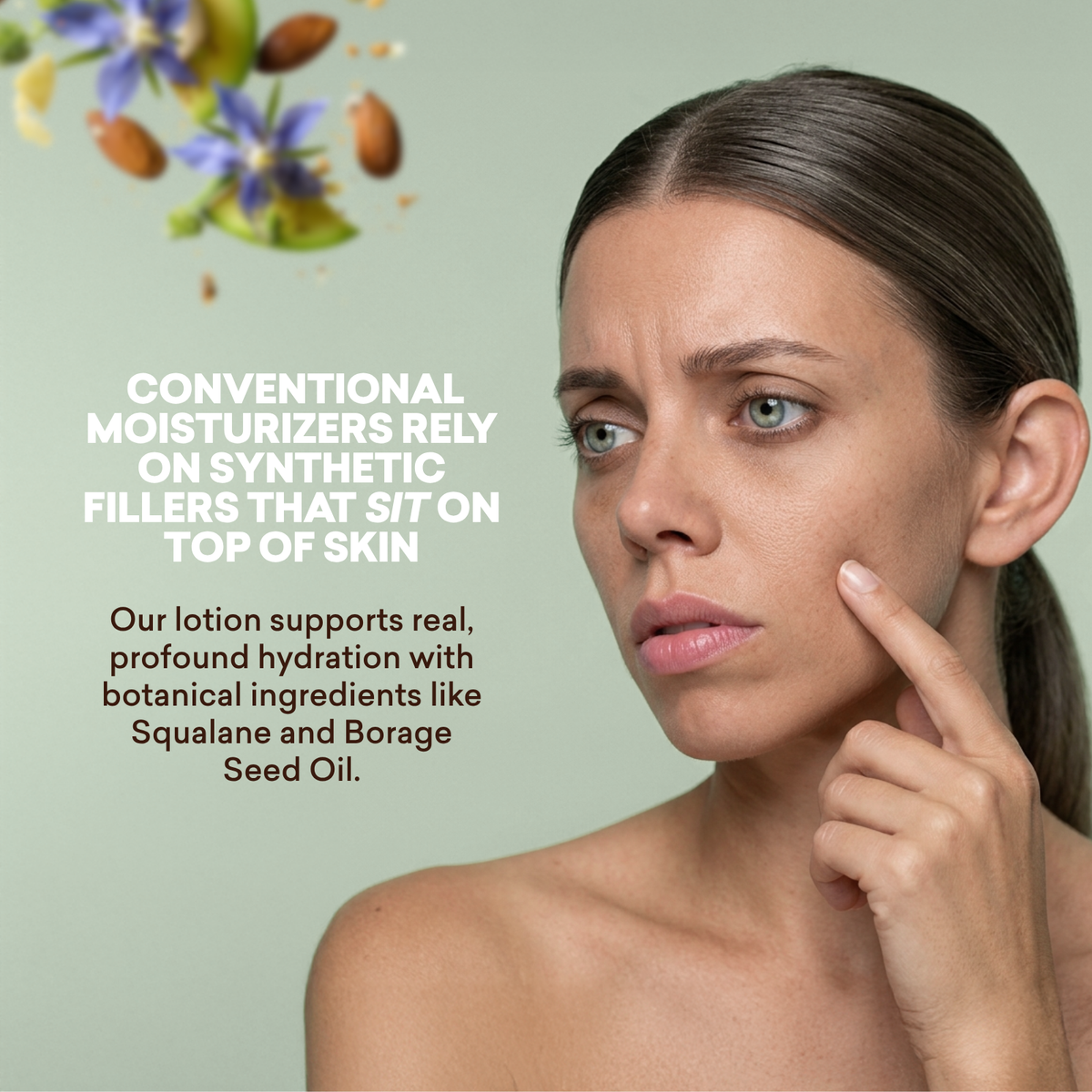 Woman touching her face with a green background and text about conventional vs. botanical moisturizers.