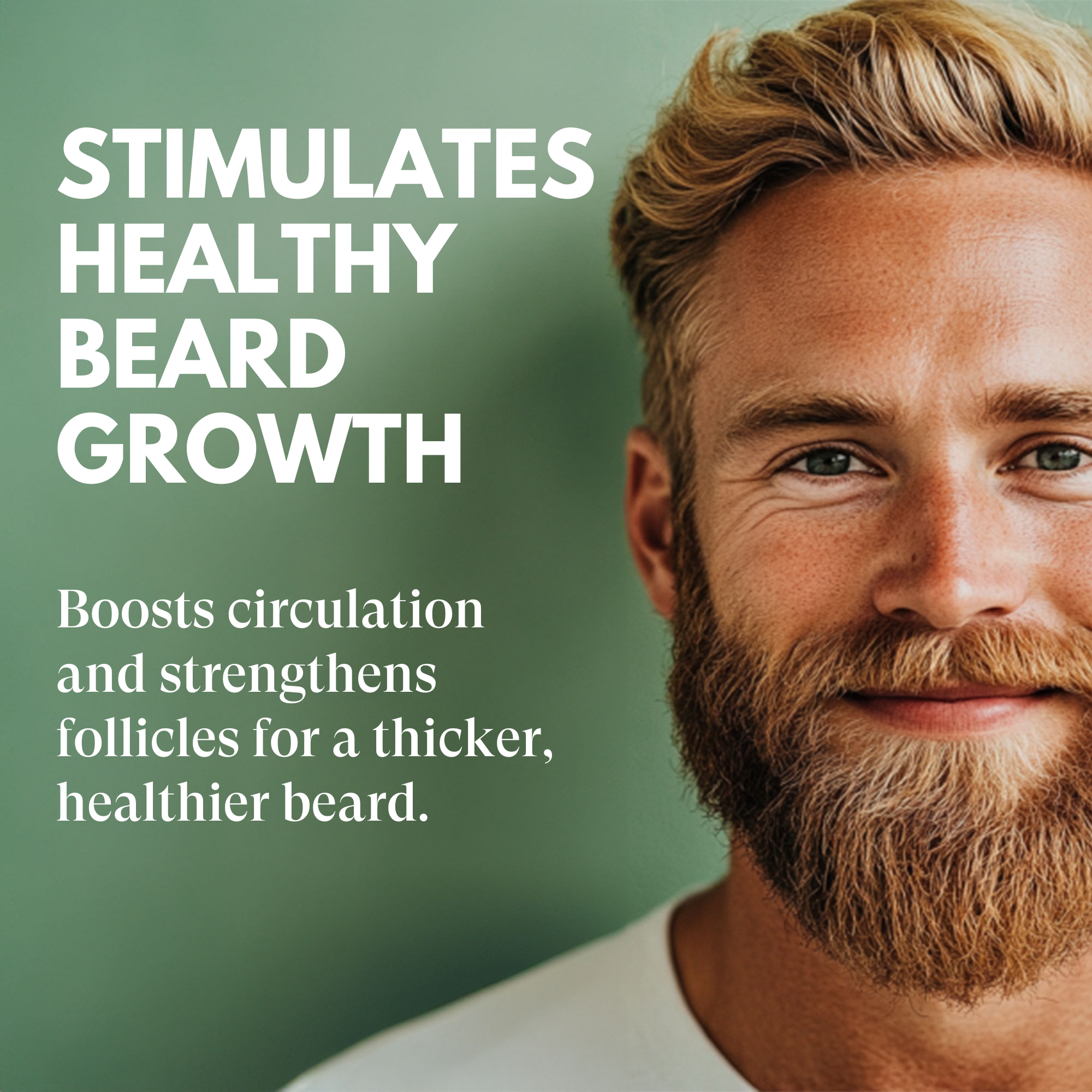 Man with a beard and text about stimulating healthy beard growth on a green background