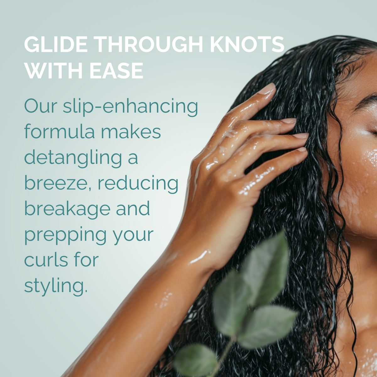 Person with wet hair touching their head, with text about a slip-enhancing hair product.