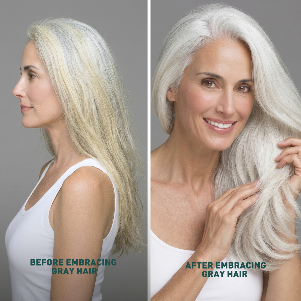 Before and after comparison of a woman embracing gray hair.