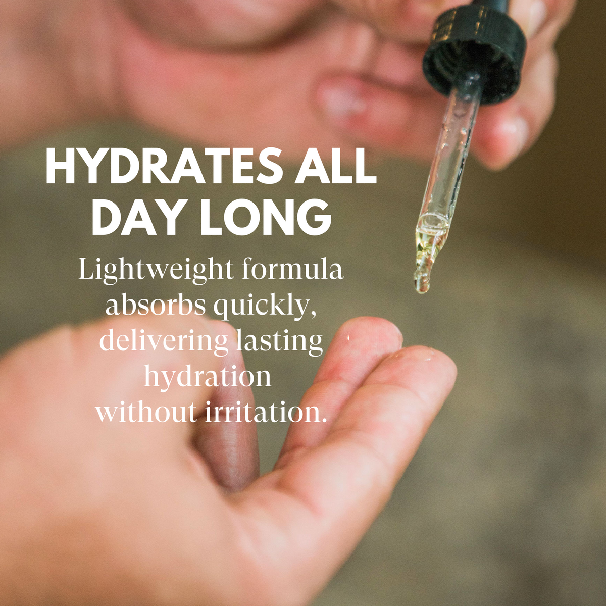 Hand holding a dropper with a text overlay about hydration product.