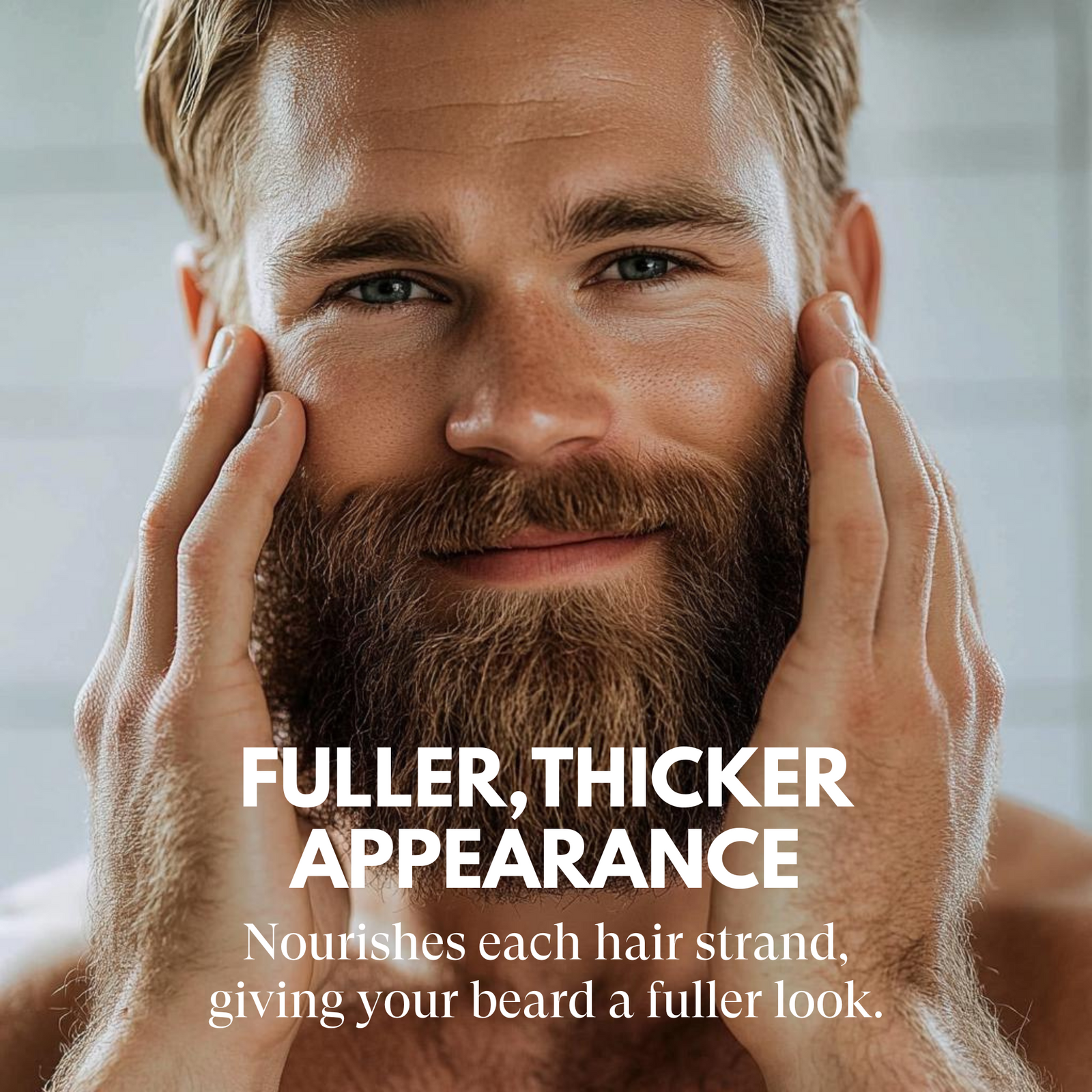 Man with a beard touching his face, with text about beard care.