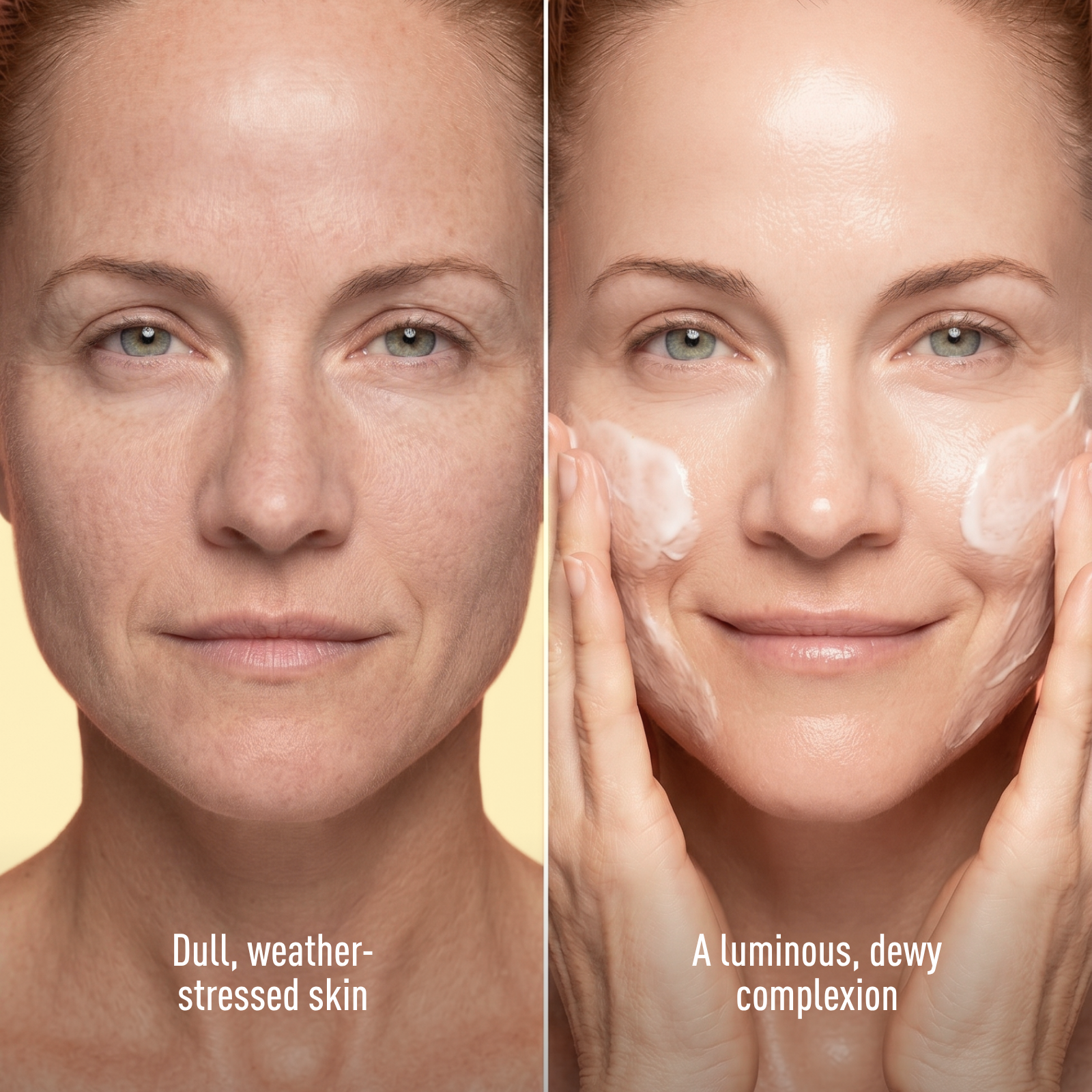 Before and after comparison of skin with moisturizer application on a beige background