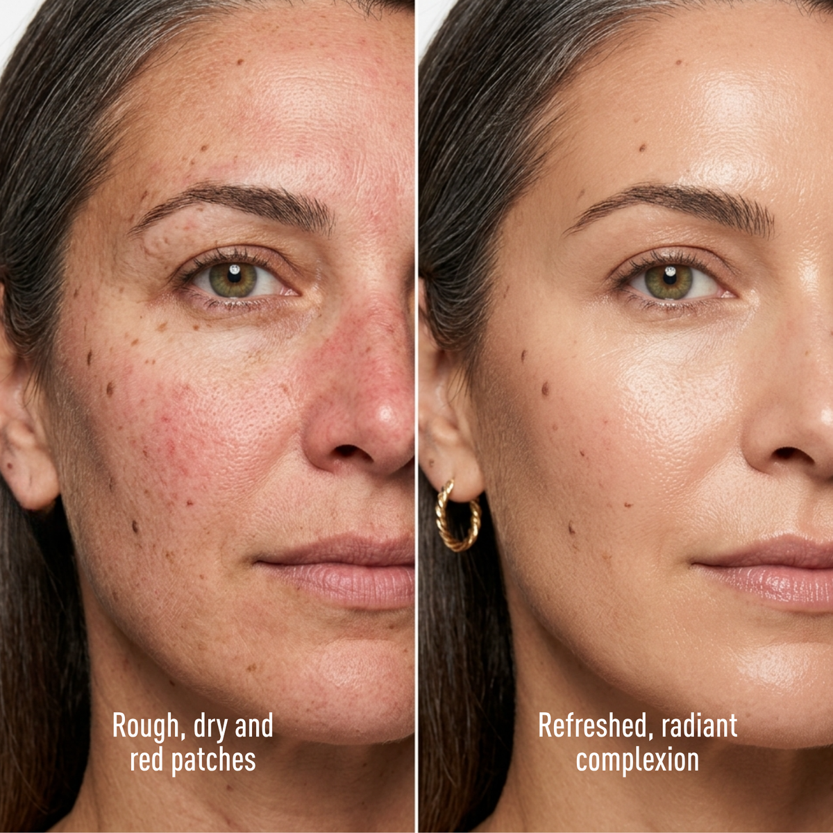 Before and after comparison of a woman's face with text labels on skin conditions.
