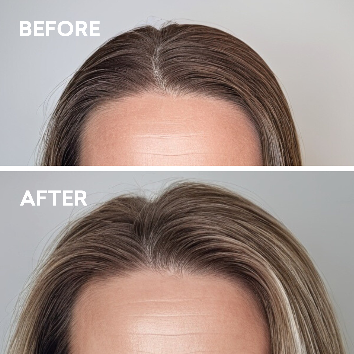 Before and after comparison of hair color on a gray background
