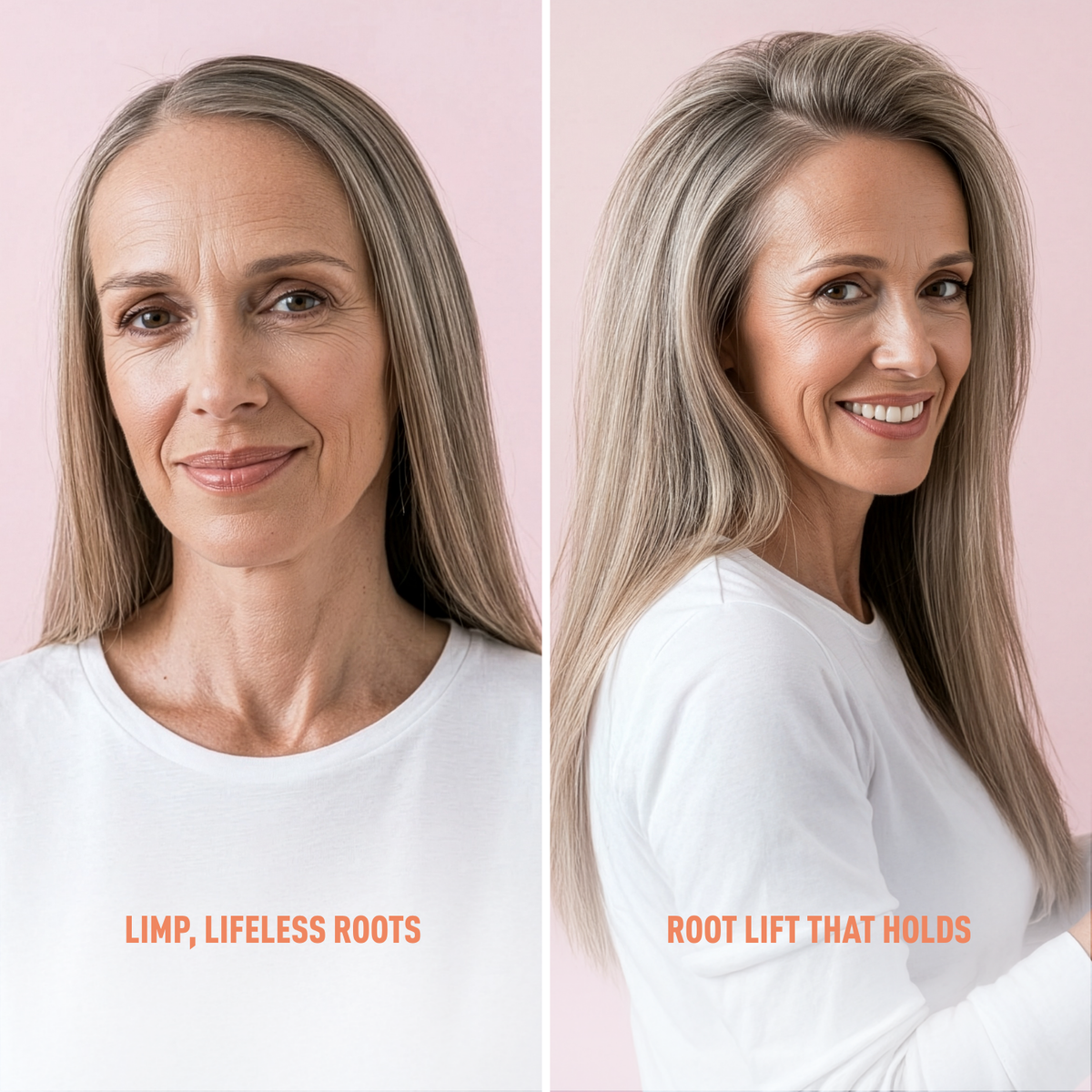 Before and after comparison of a woman's hair with text indicating 'Limp, Lifeless Roots' and 'Root Lift That Holds'.