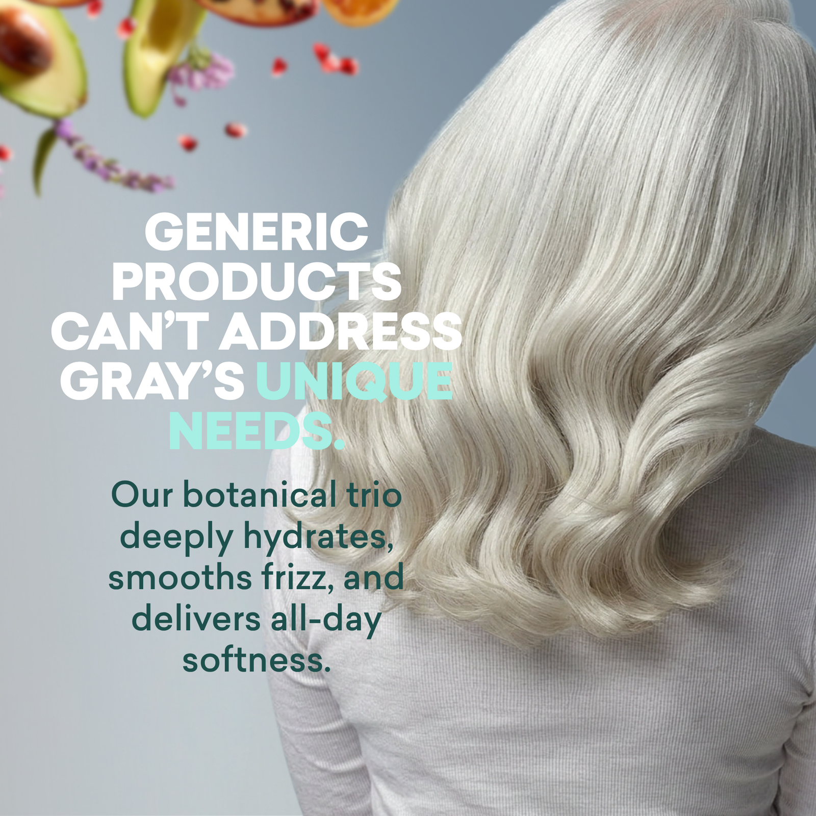 Person with gray hair and botanical elements with text about hair care products.