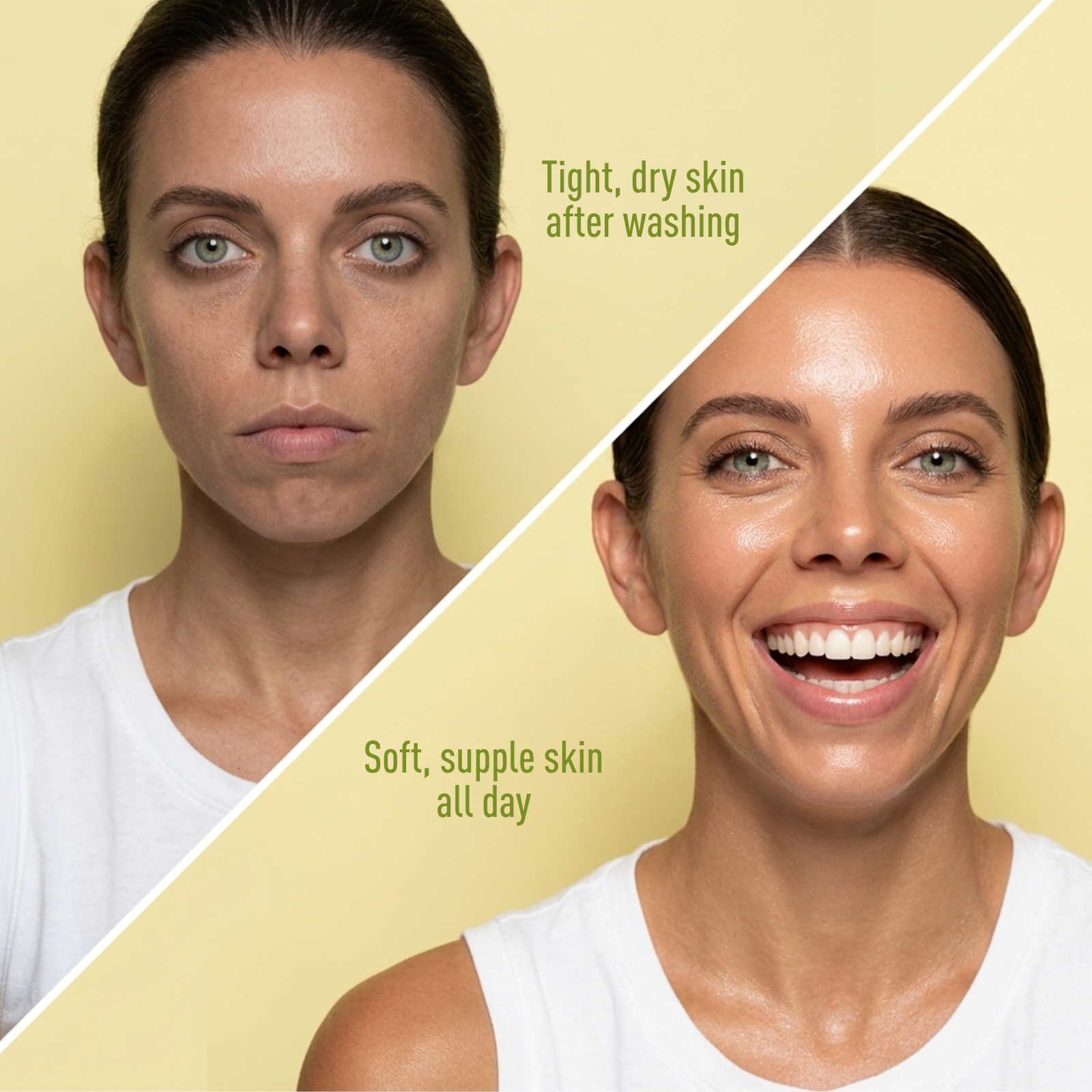 Before and after comparison of a woman's skin on a yellow background