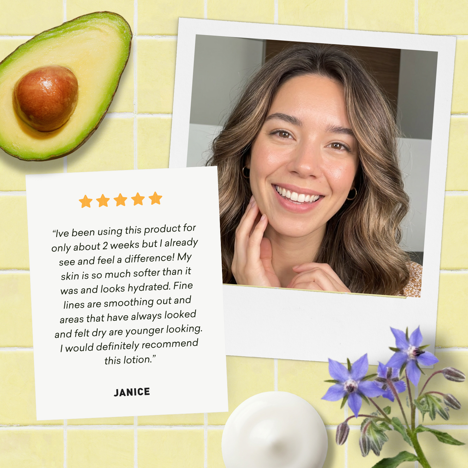 Woman with a five-star review card, avocado, and flowers on a yellow tiled background