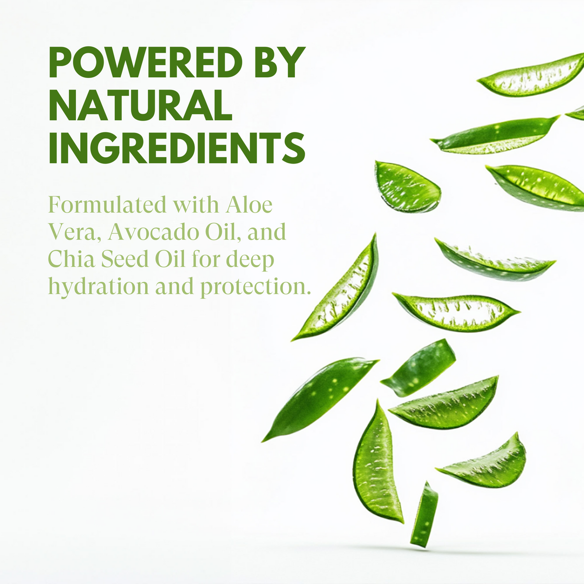 Aloe vera leaves arranged in a pattern with text about natural ingredients on a white background.