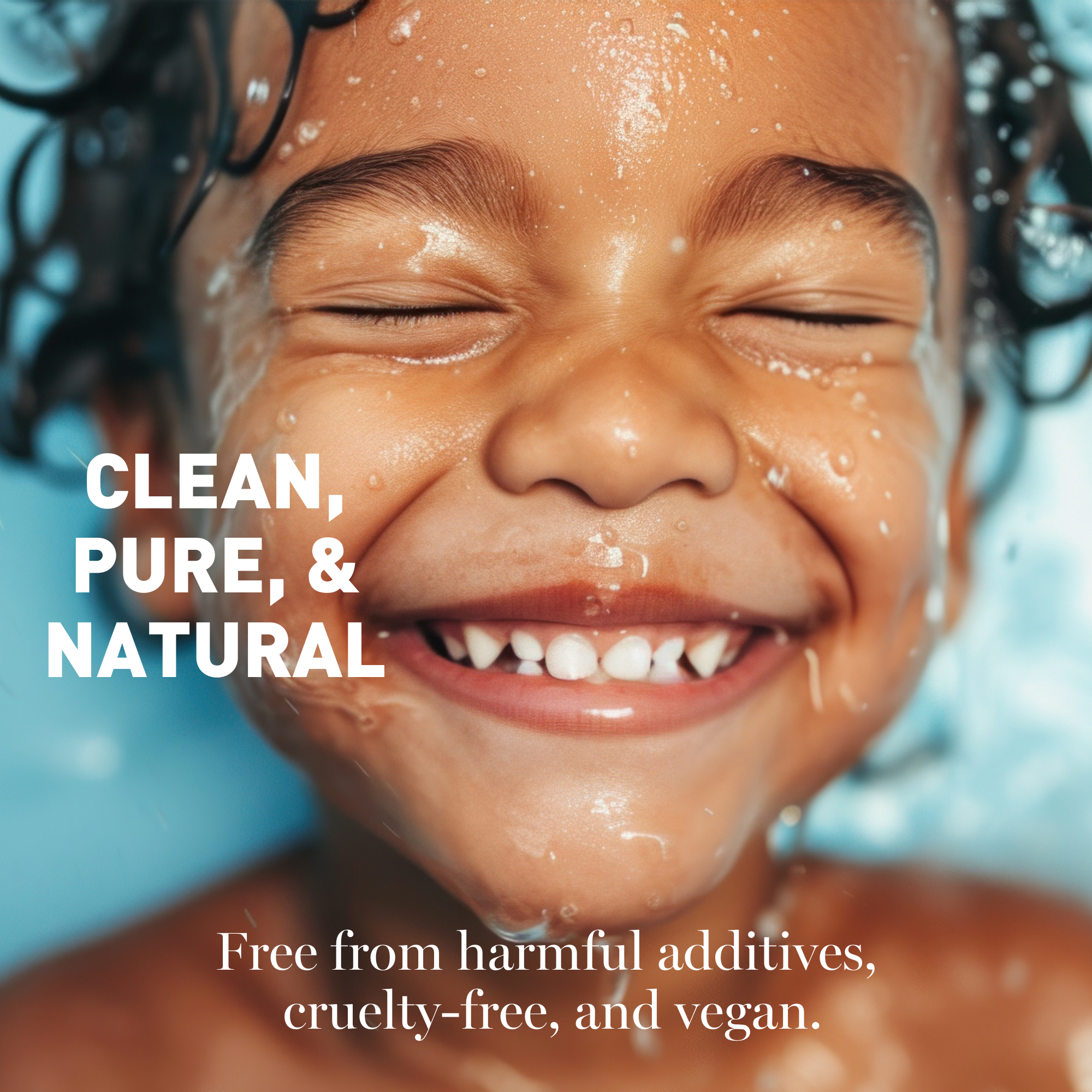 Child with a happy expression, surrounded by water droplets, with text about product attributes.