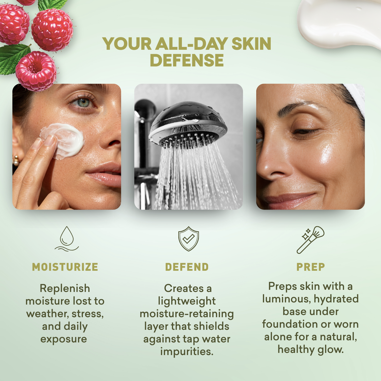 Skincare product advertisement with images of a woman applying cream, showering, and a close-up of her face with moisturizer.