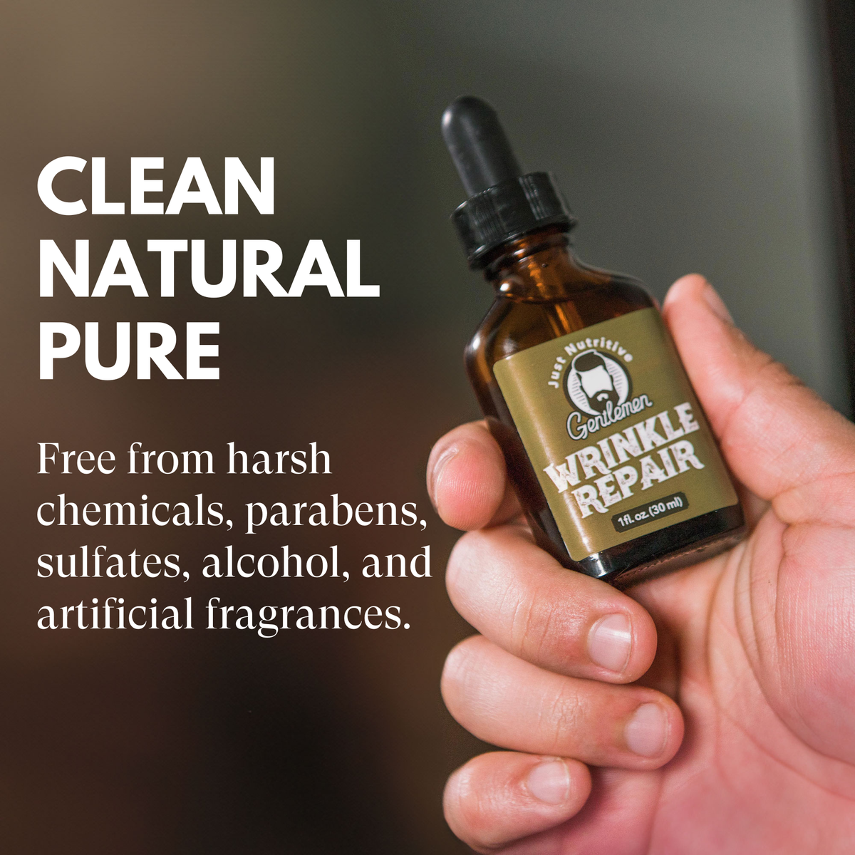 Hand holding a bottle labeled 'Wrinkle Repair' with text about product ingredients on a dark background