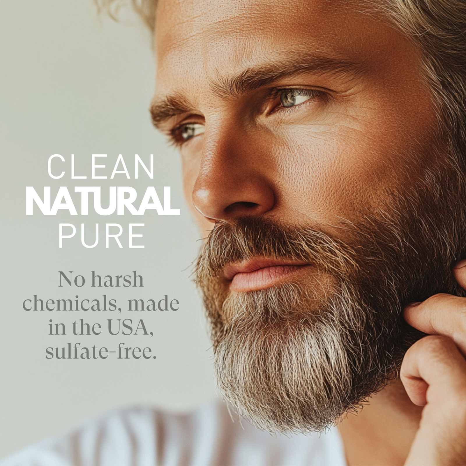 Man with a beard and text about natural products