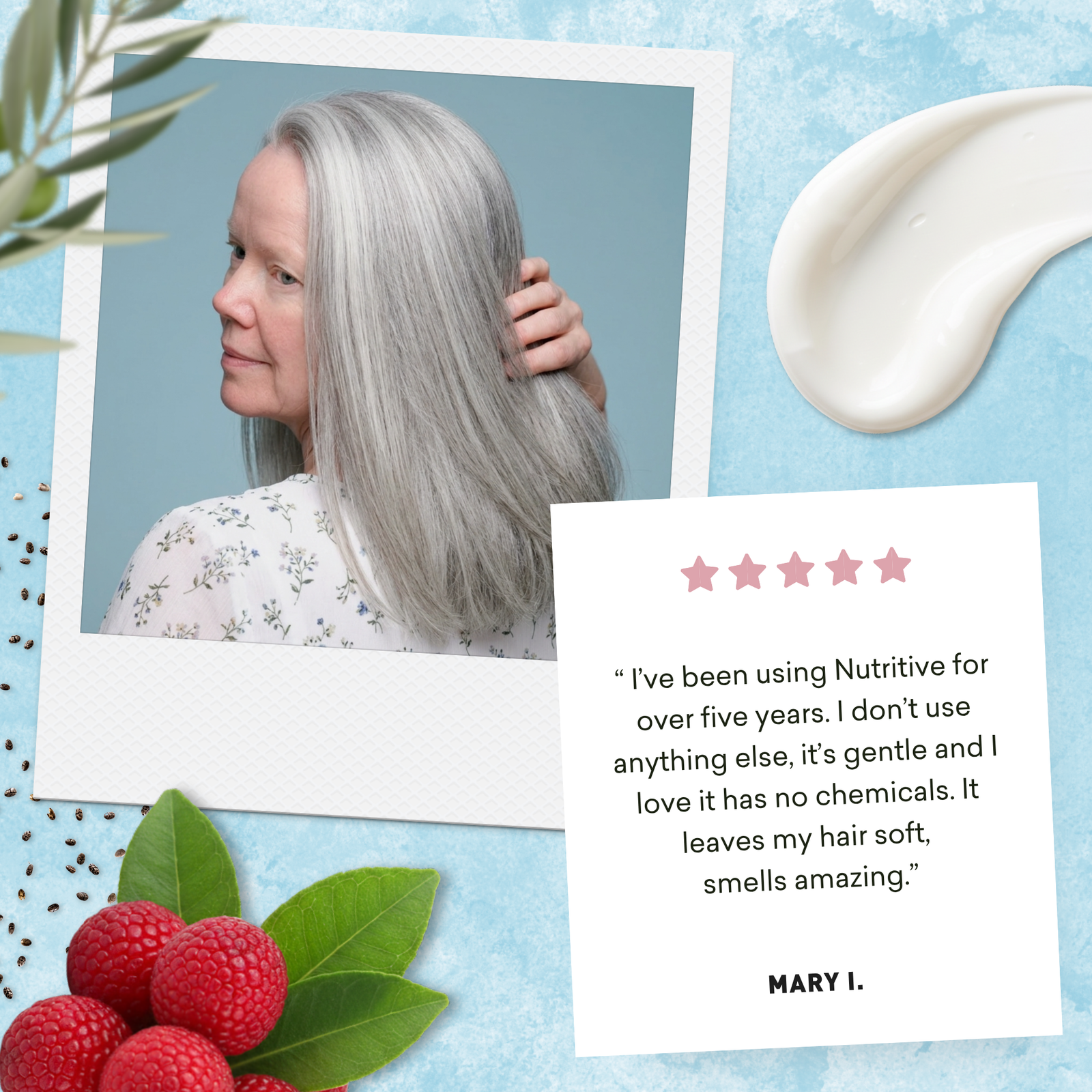 Woman with gray hair, product smear, and text testimonial on a blue background
