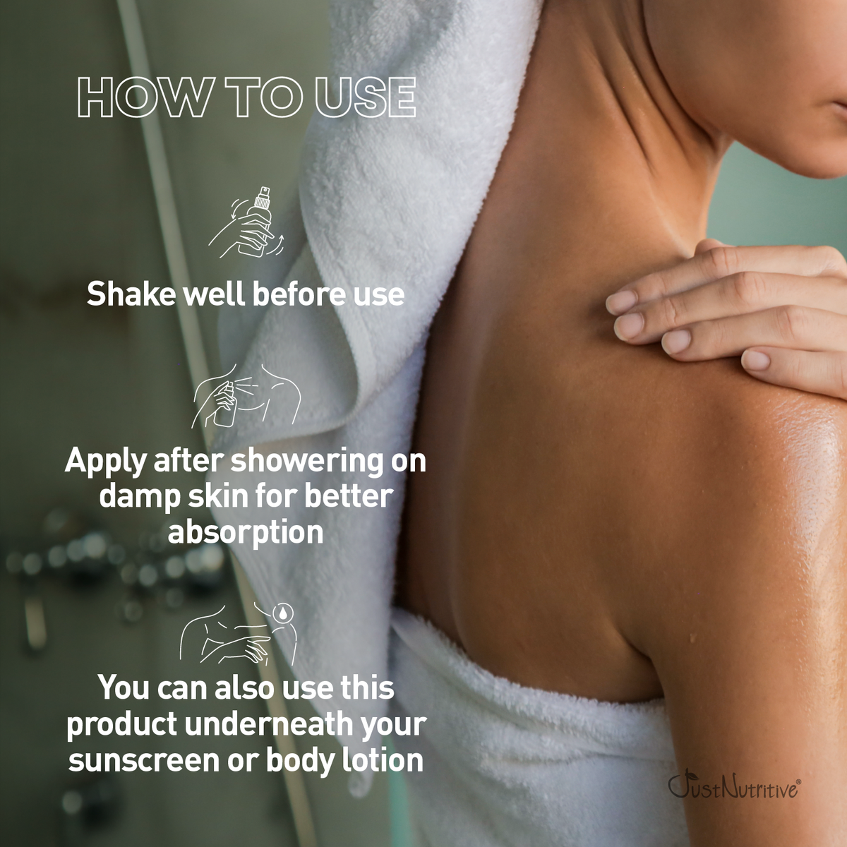 Person wrapped in a towel with skincare product instructions overlayed