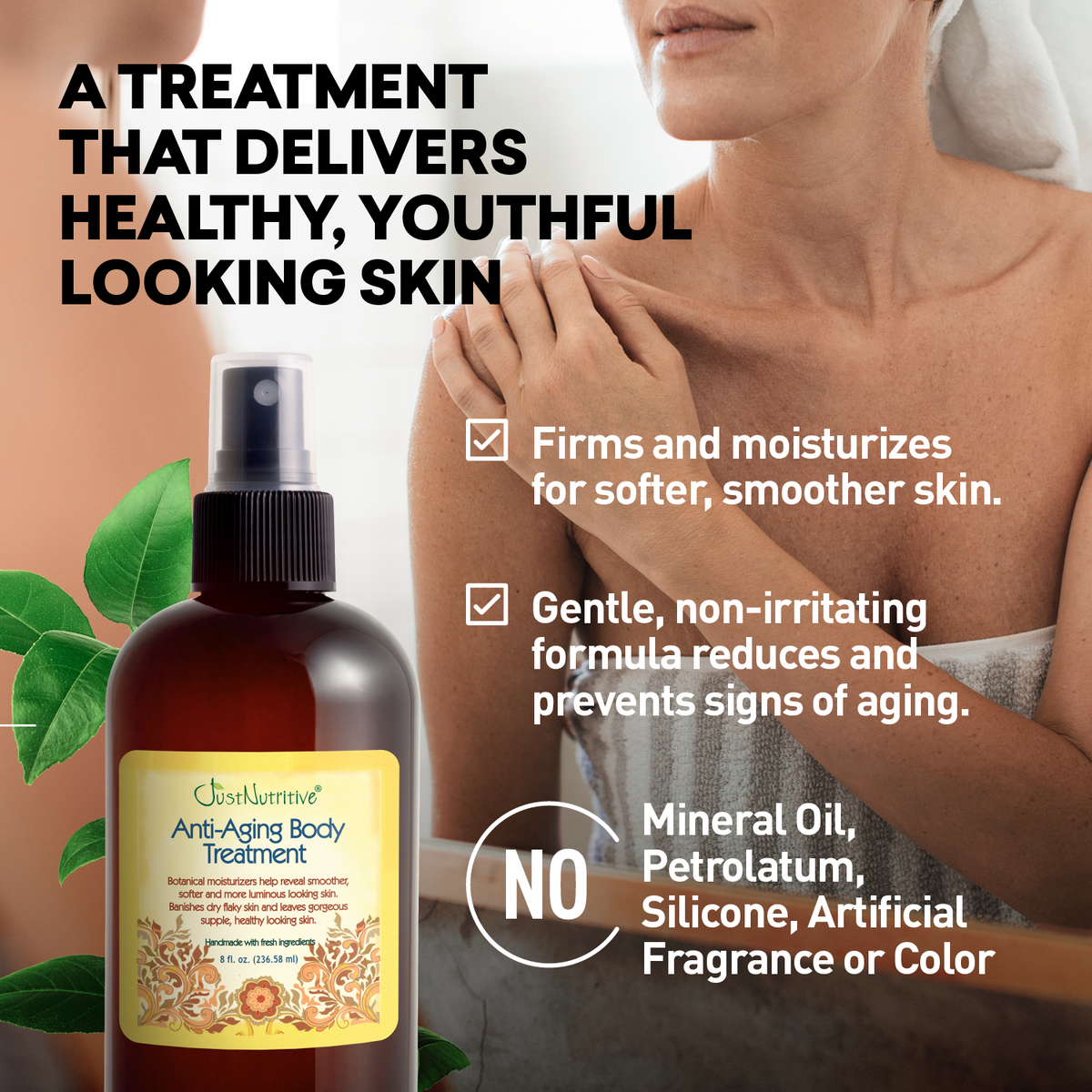 Anti-aging body treatment bottle with a person applying it, highlighting benefits and ingredients.