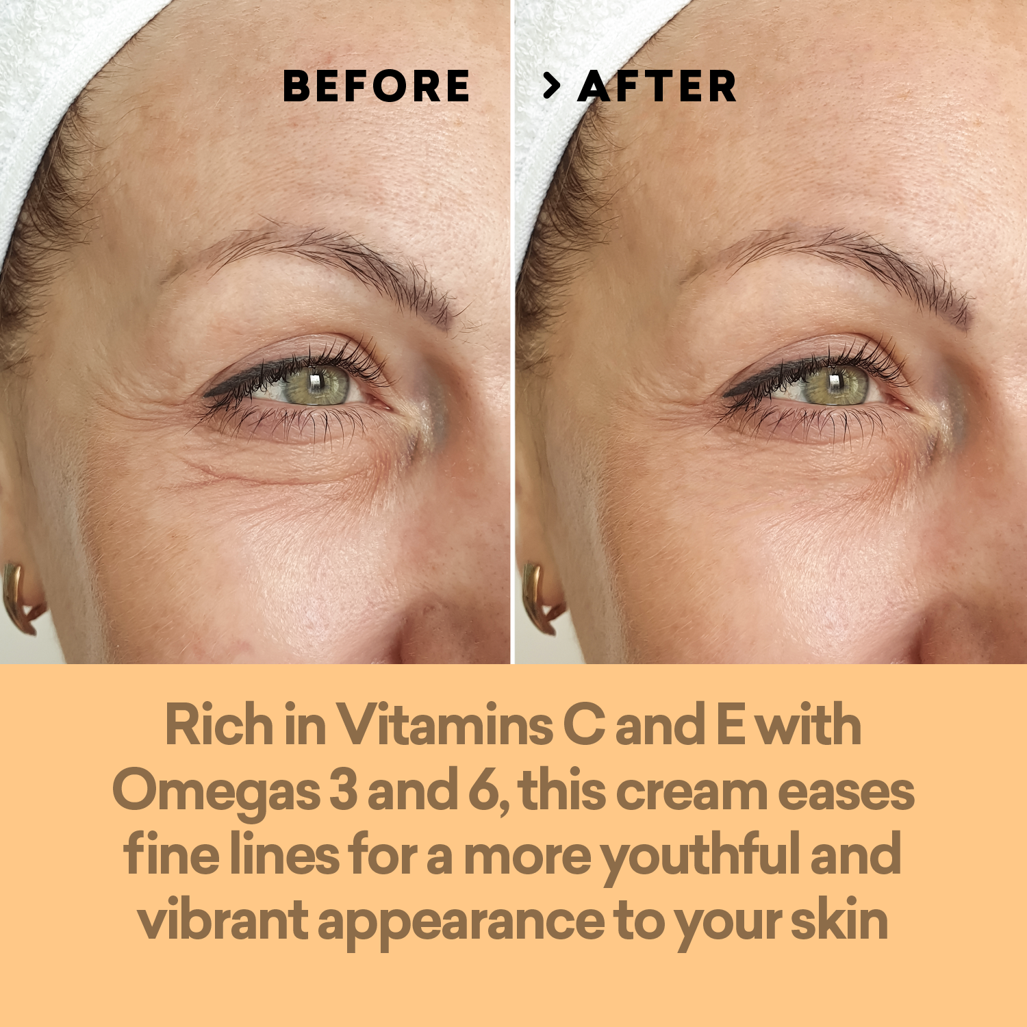 Before and after comparison of a person's eye area with text about a skincare cream.