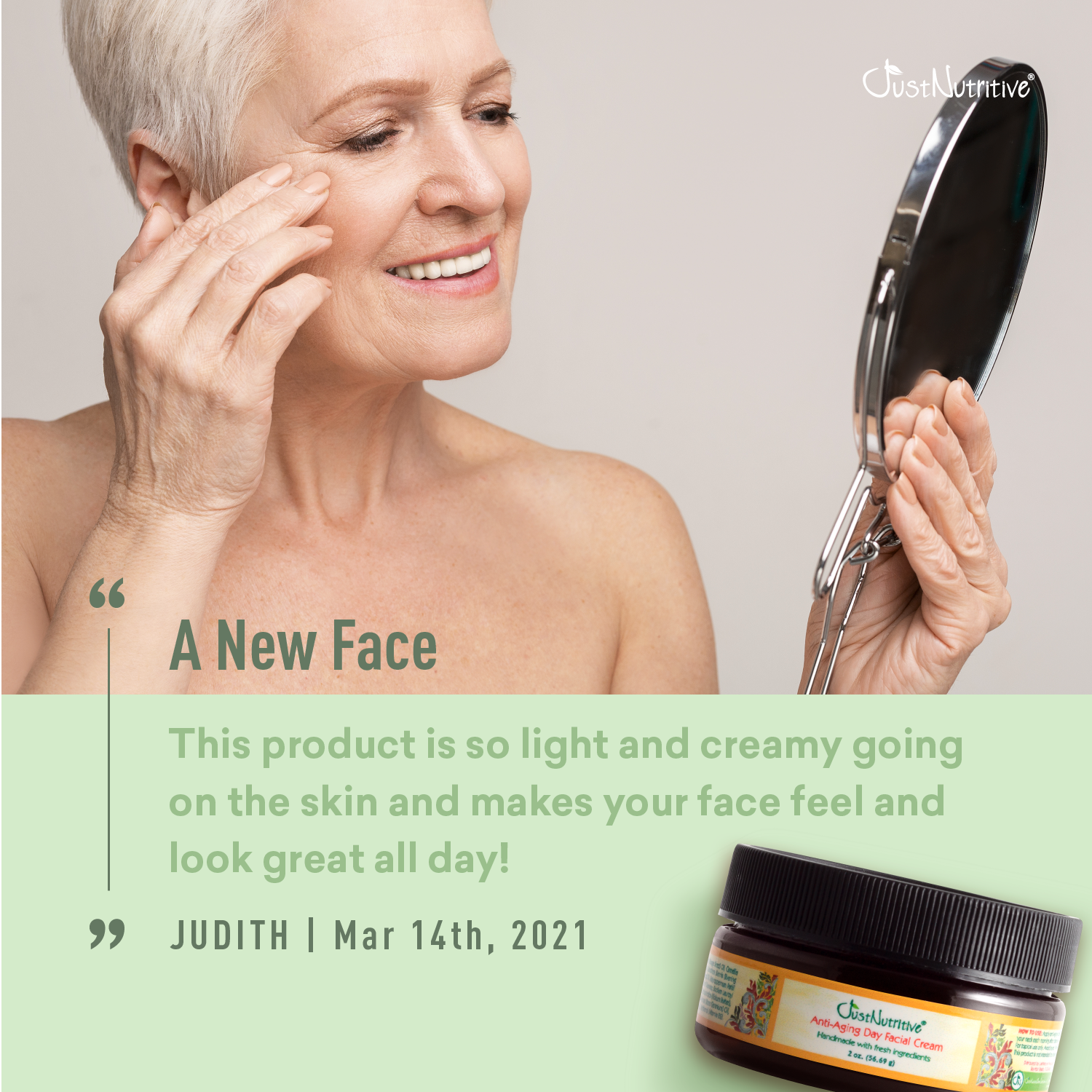 Woman applying cream to her face with a mirror, featuring a product jar and a quote from a customer.