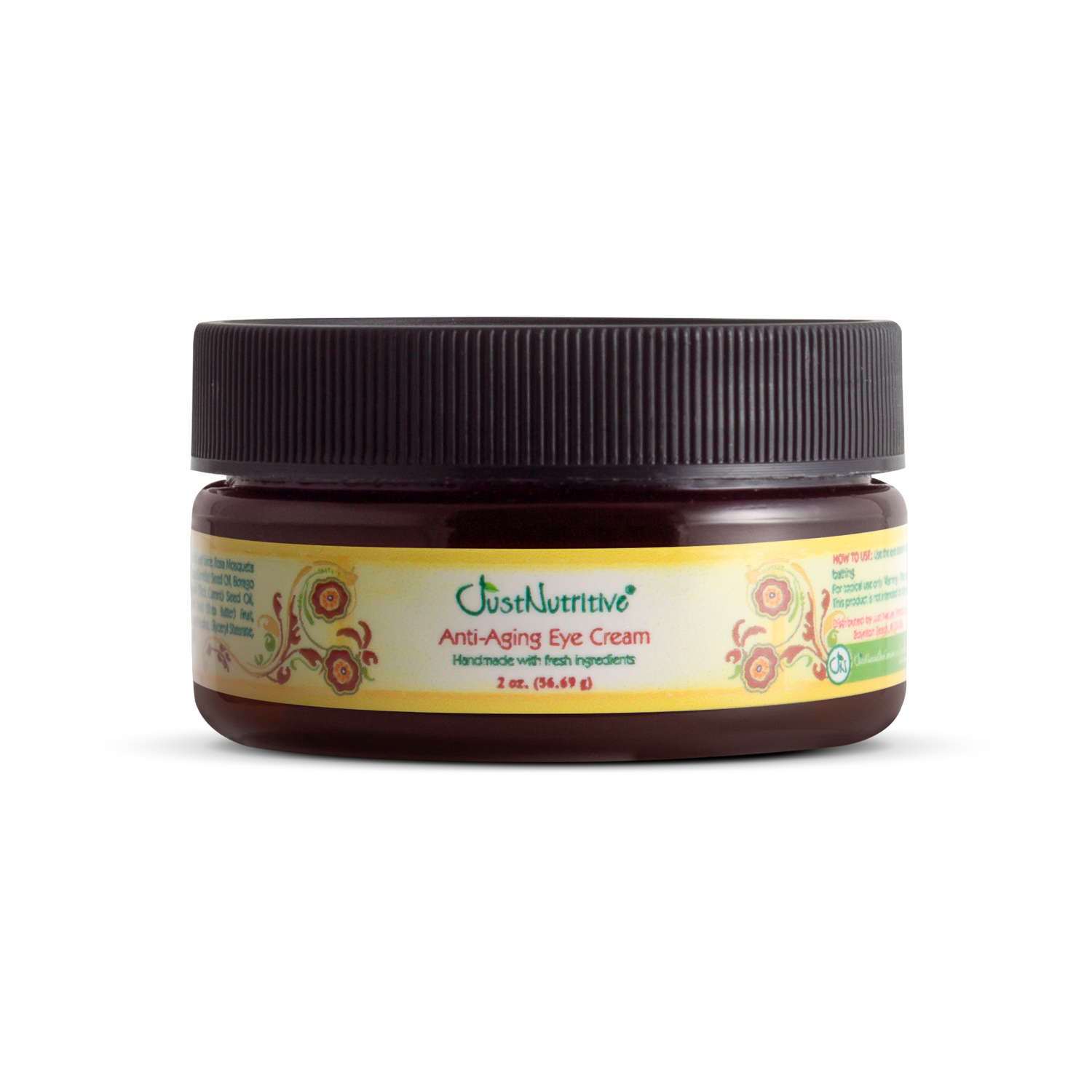 Jar of anti-aging eye cream with a black lid on a white background