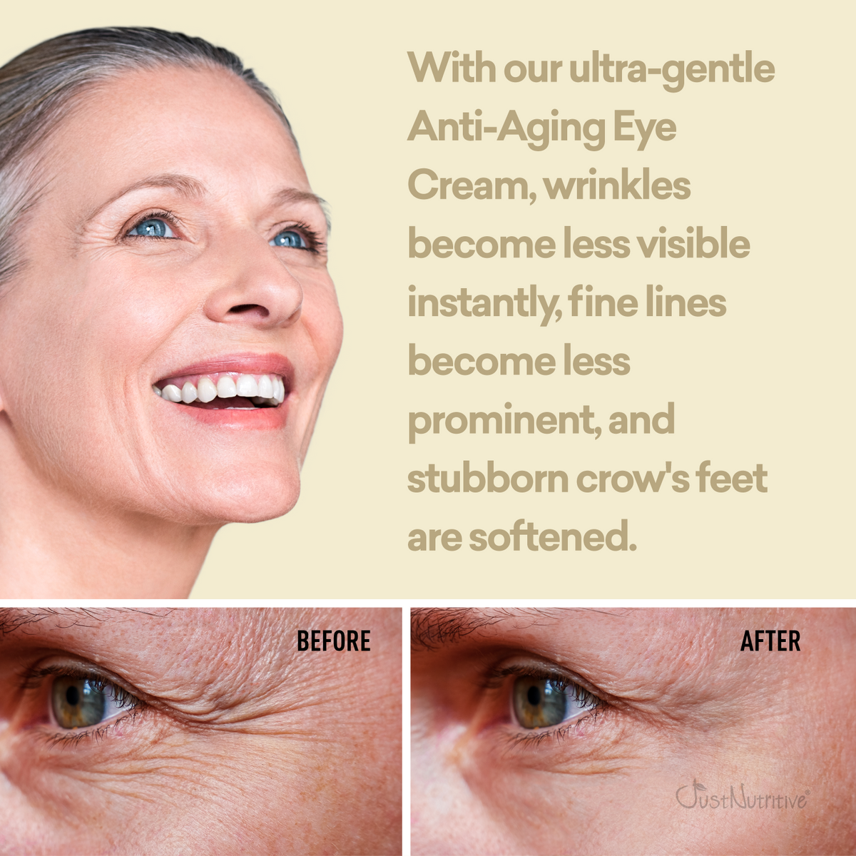Advertisement for anti-aging eye cream showing before and after effects on a woman's eyes.
