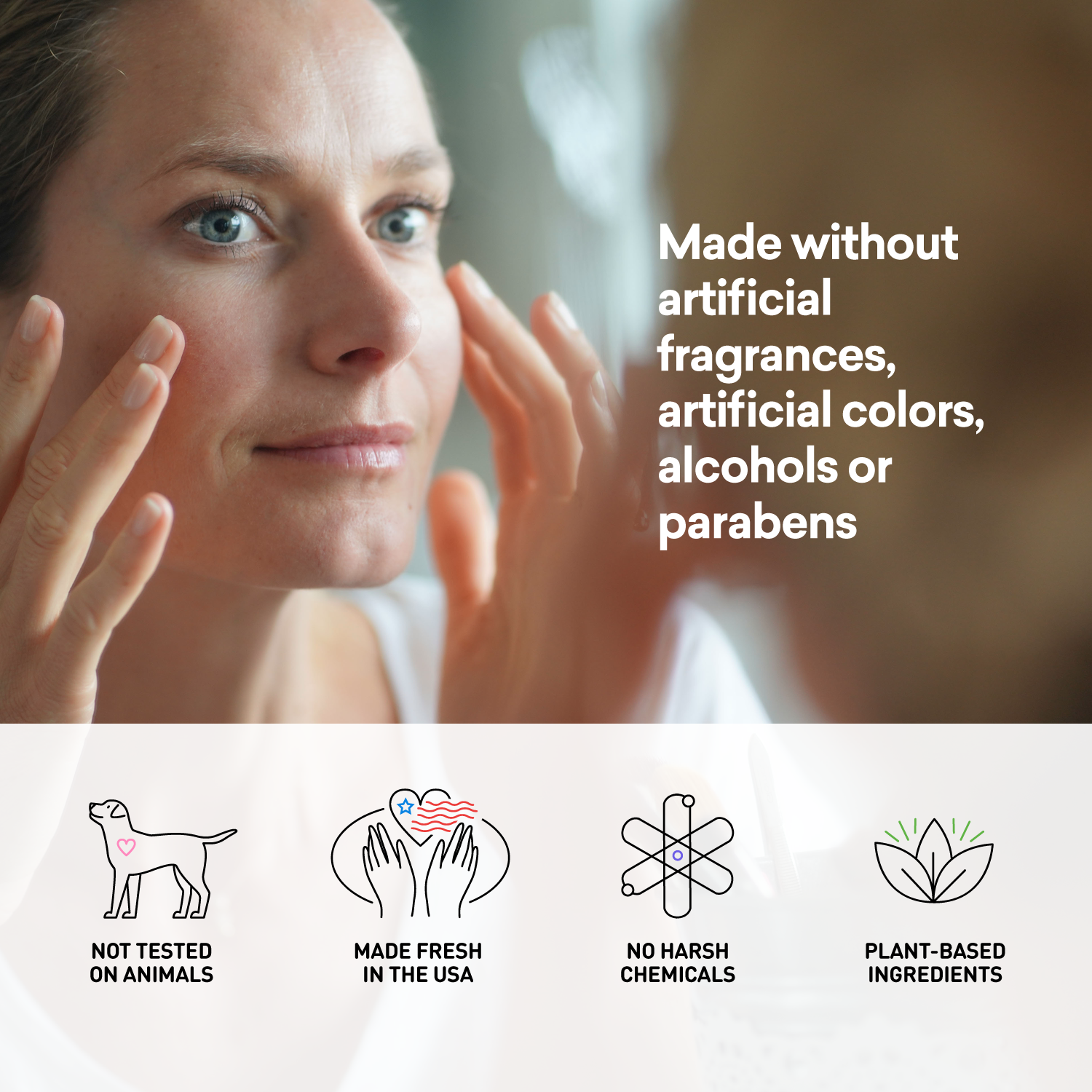 Woman applying cream to her face with product safety features displayed below.