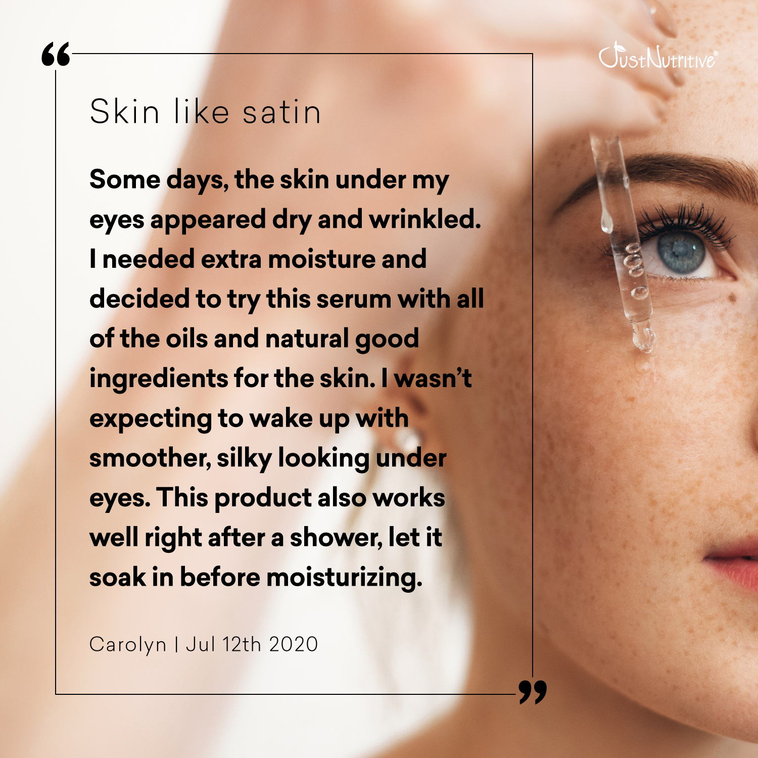 Close-up of a person's eye with text about skincare product benefits